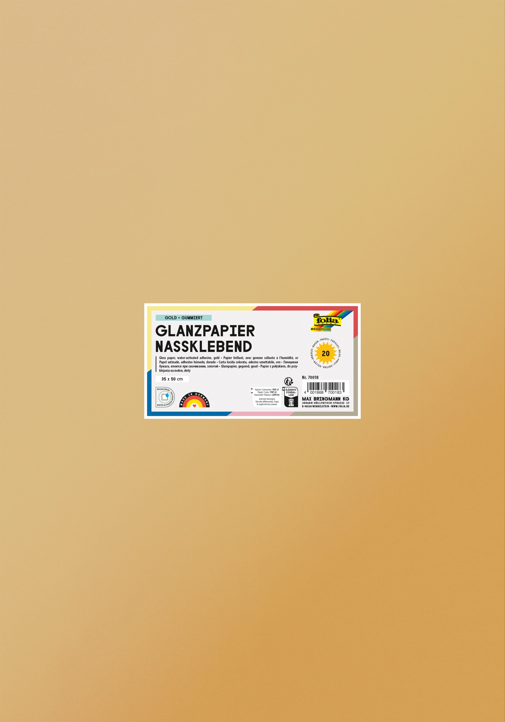 Glanzpapier Nassklebend, Gold, Gummiert, 35 x 50 cm, 80 g/m², 20 Blatt