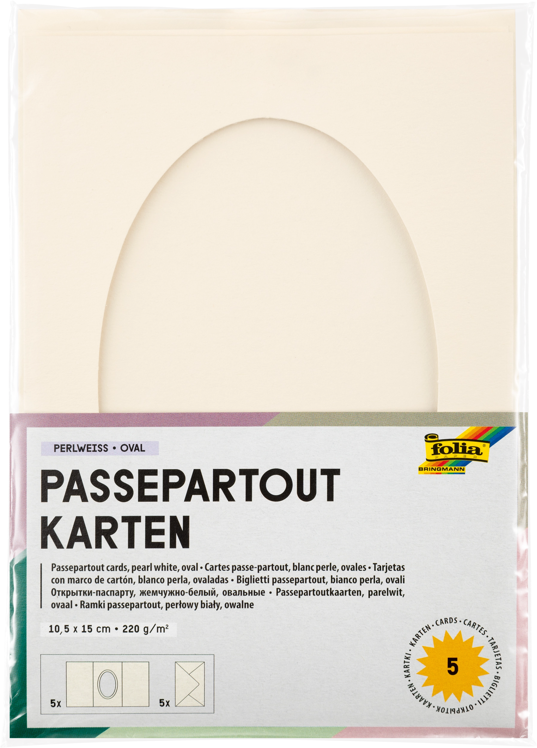 Passepartoutkarten, Perlweiß, Oval, 10,5 x 15,0 cm, 130 g/m², 220 g/m² , 5 Stück