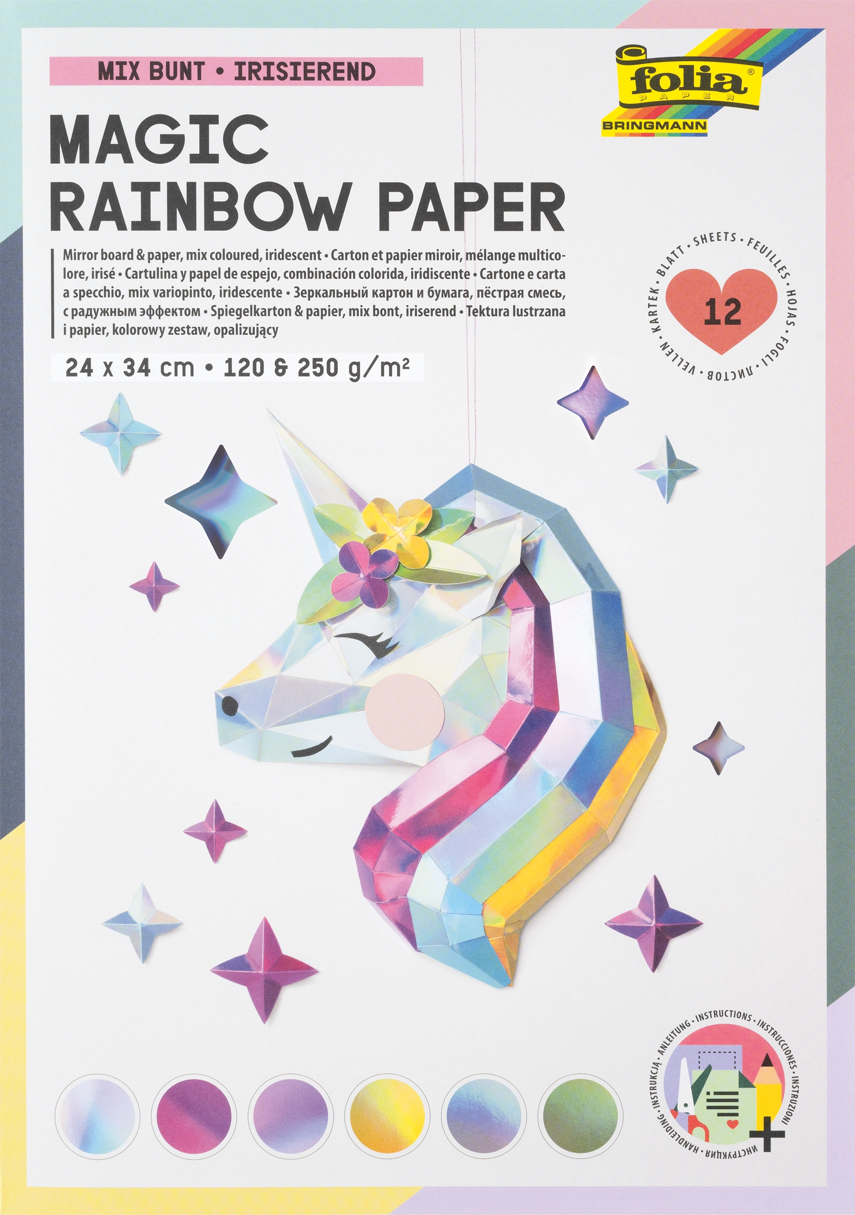 Magic Rainbow Paper, Mix Bunt, Irisierend, 24 x 34 cm, 120 & 250 g/m², 12 Blatt