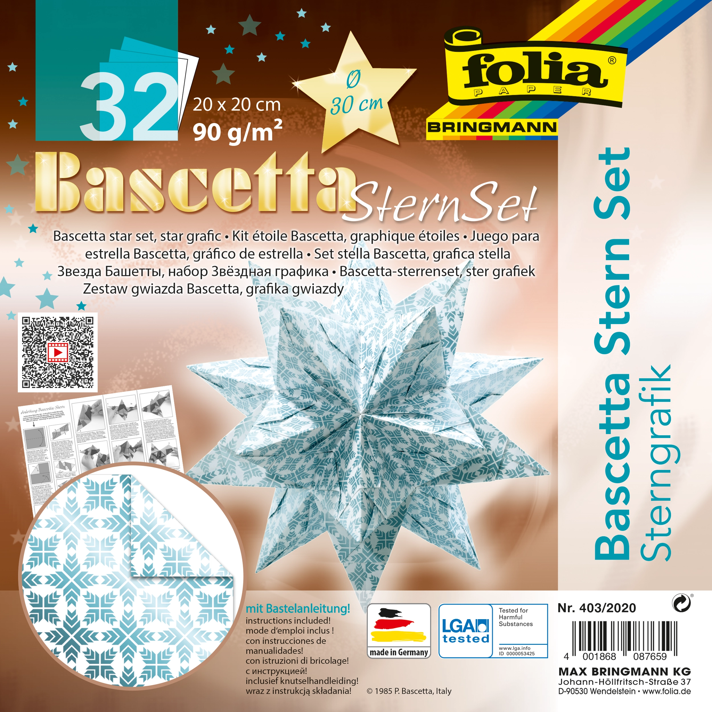 Bascetta Stern, Sterngrafik, Weiß & Eisblau, 20 x 20 cm, Ø 30 cm