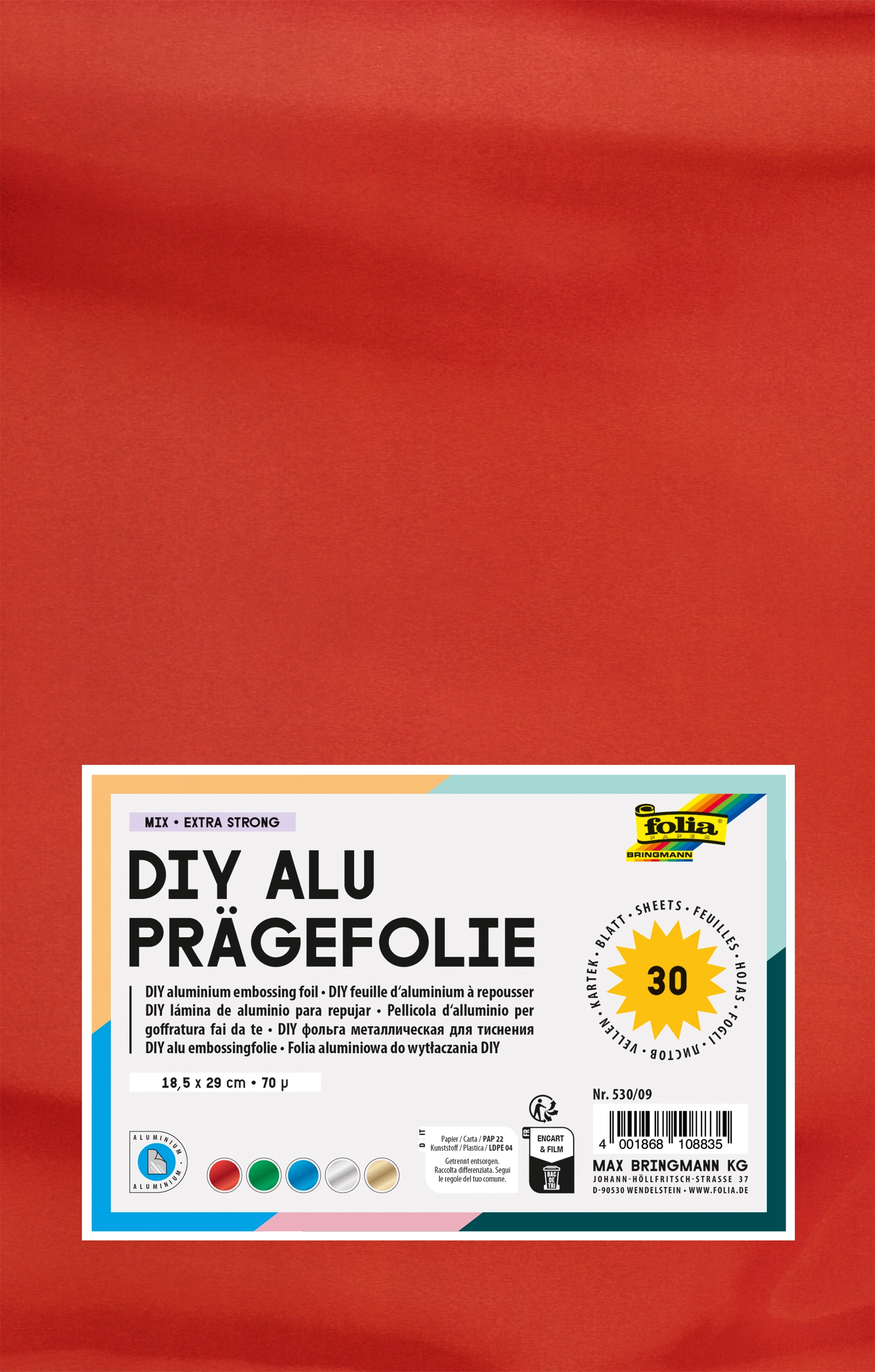 DIY Alu Prägefolie, Mix Bunt, Extra Stark, 18,5 x 29 cm, 30 Blatt, 1 Pack