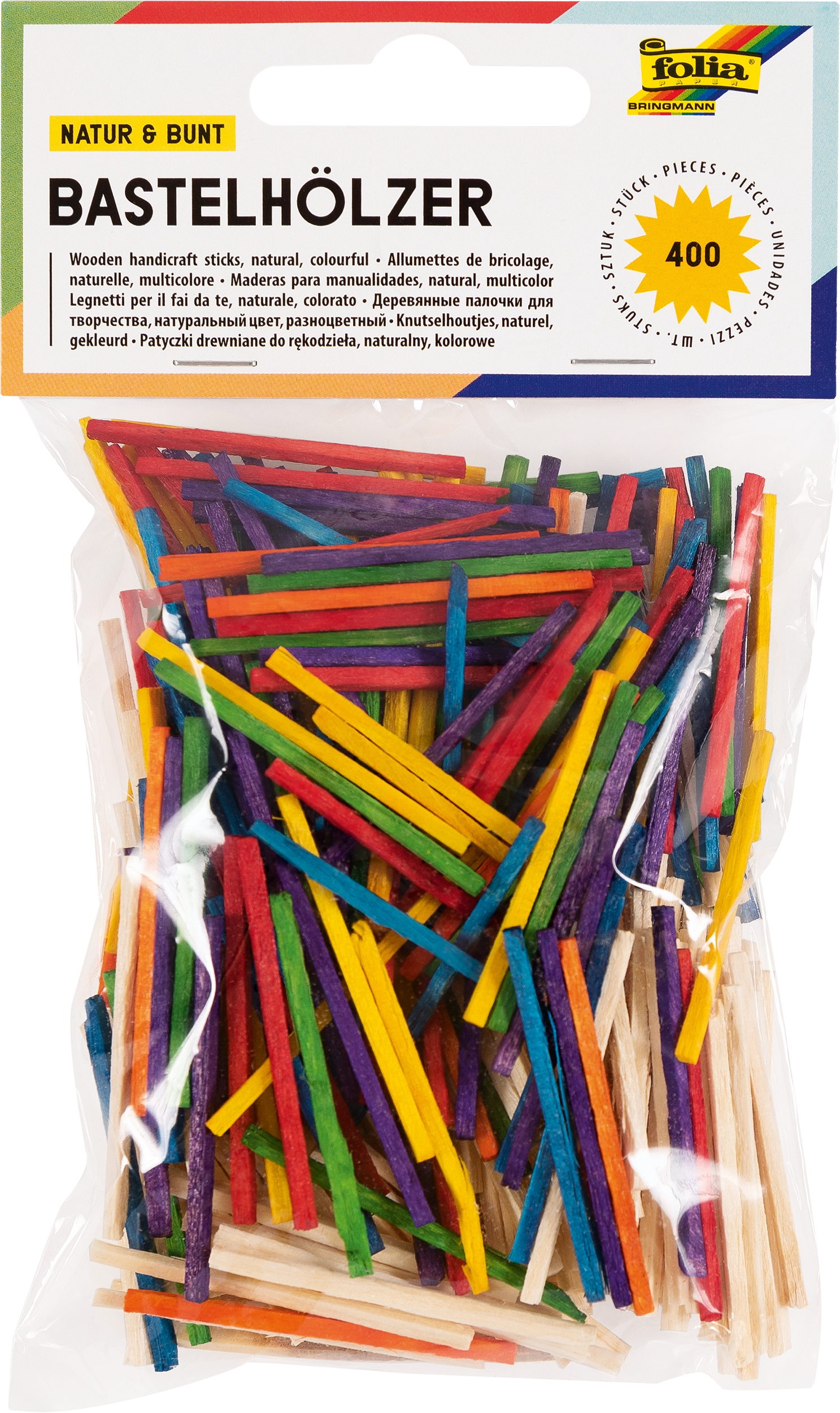 Wooden Handicraft Sticks, Coloured Mix & Natural, 400 pieces
