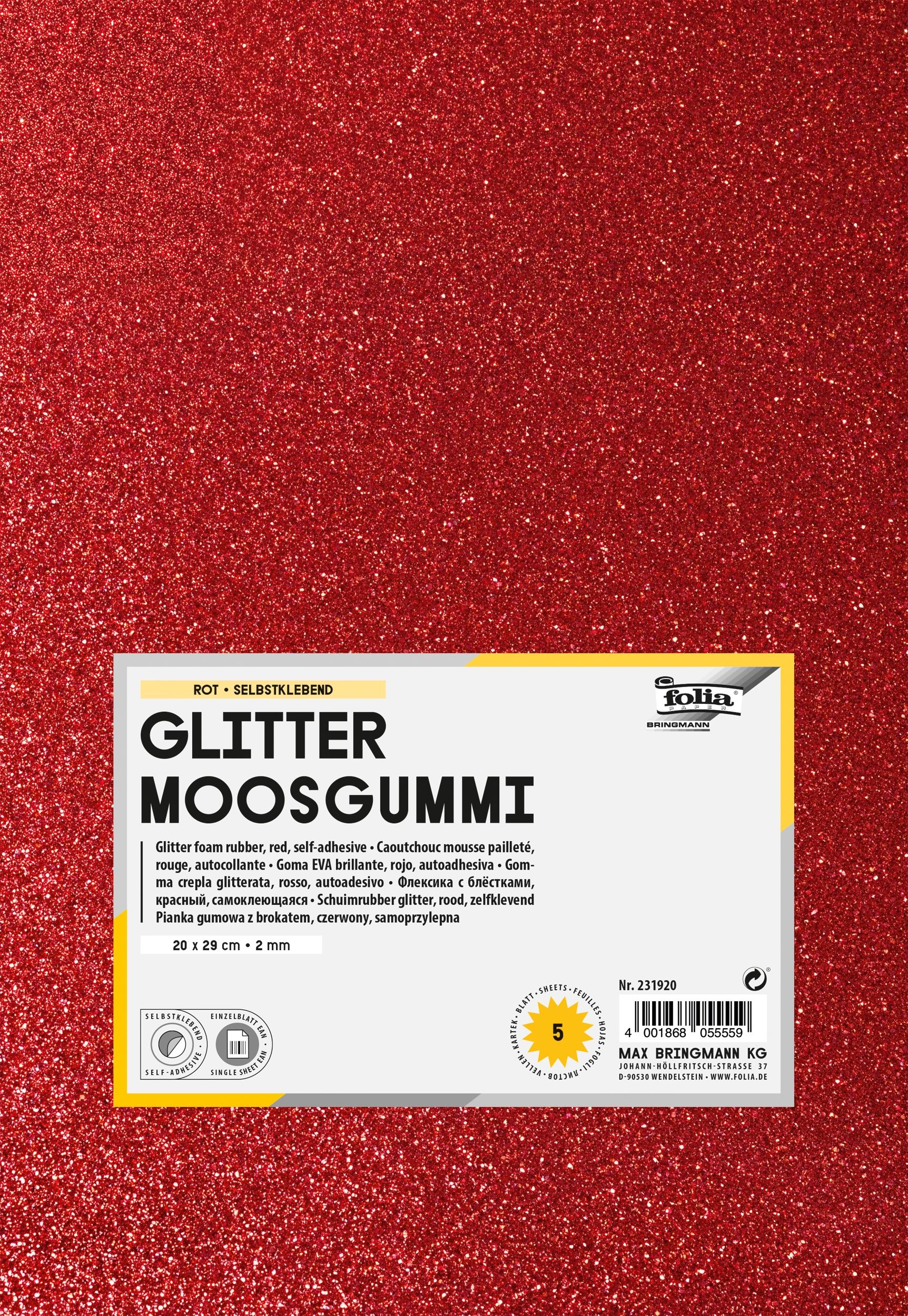 Glitter Moosgummi , Rot, selbstklebend, 20 x 29 cm, 5 Blatt