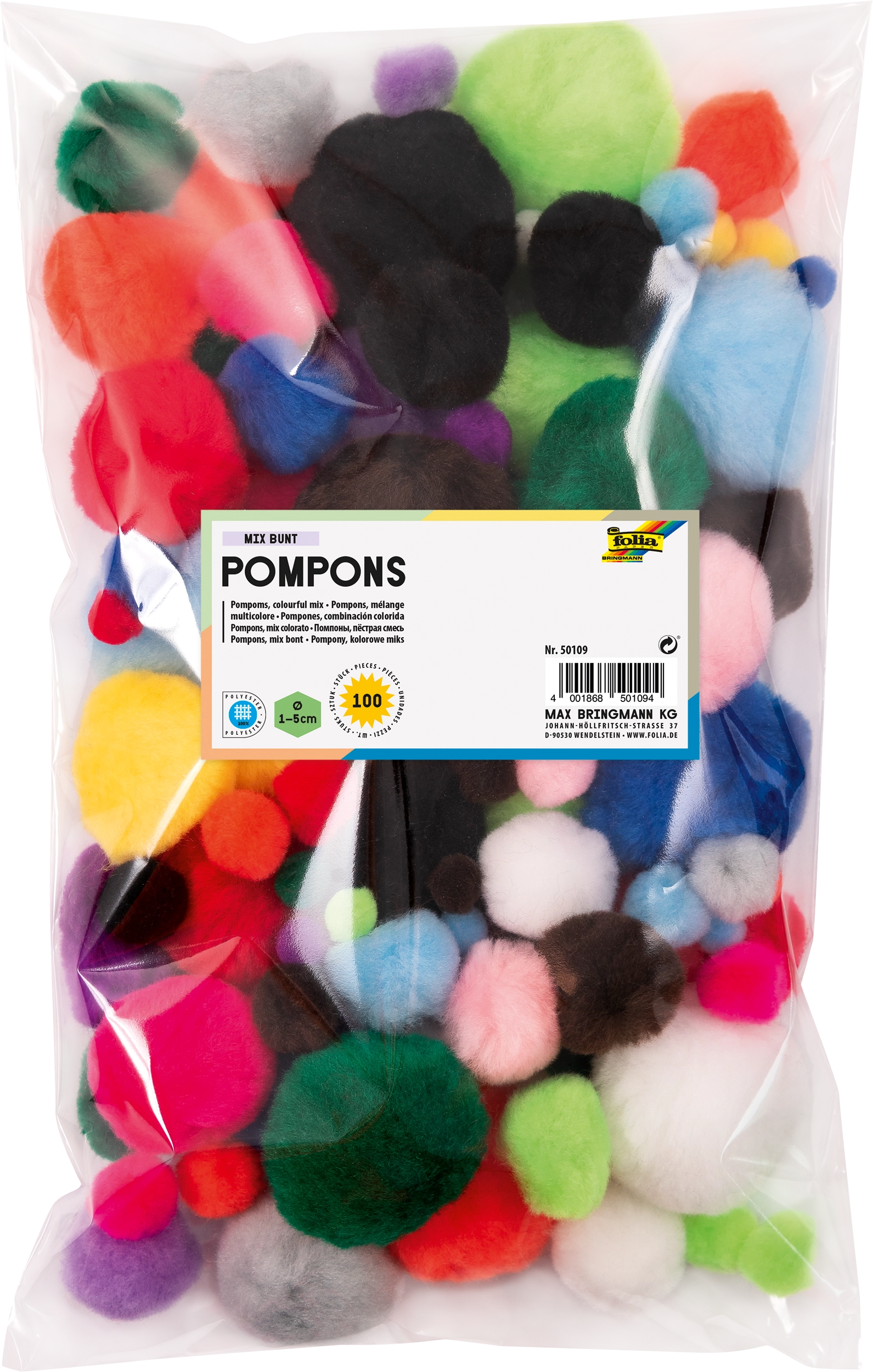 Pompons, Mix bunt, Ø 1 - 5 cm, 100 Stück