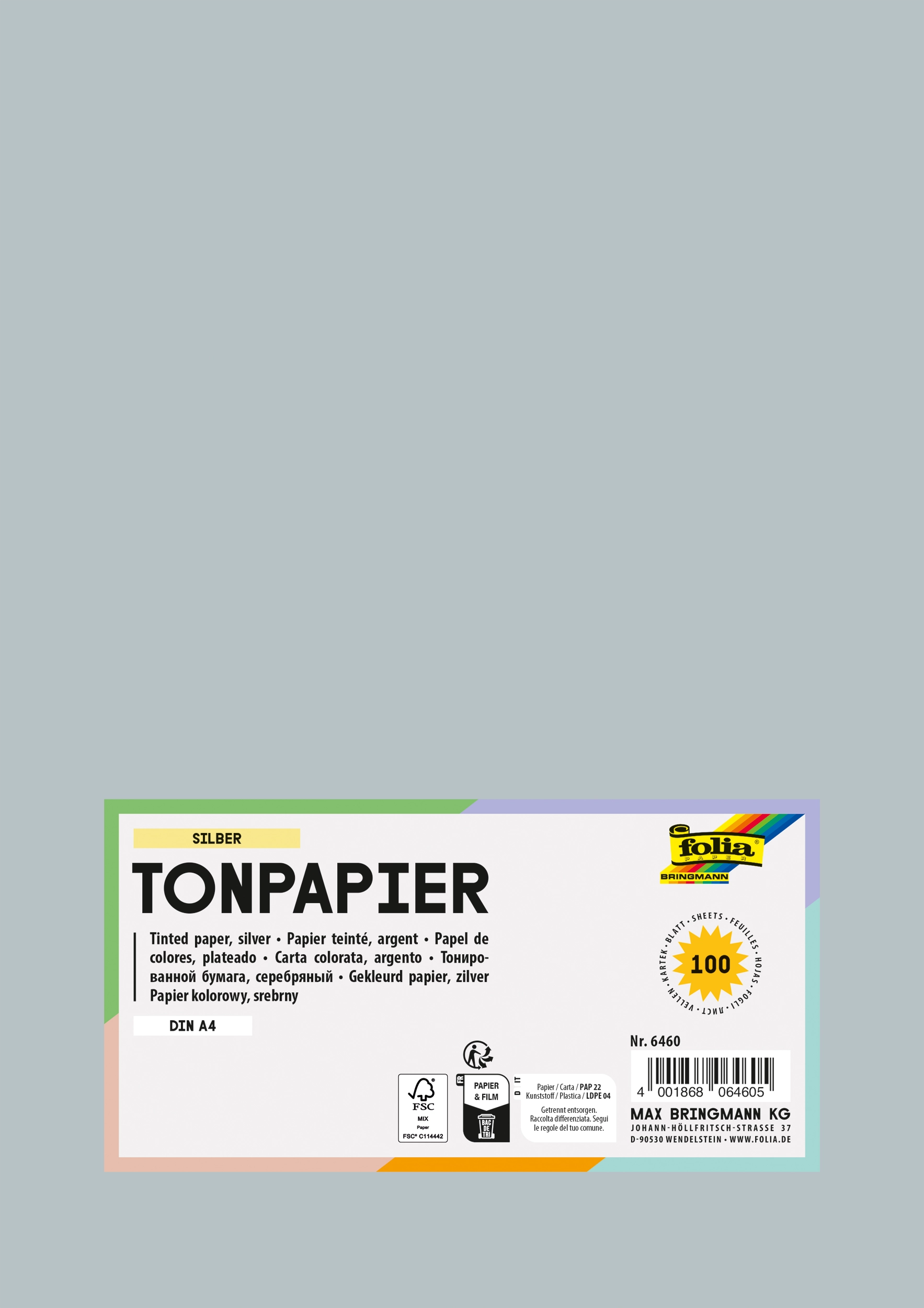 Tonpapier , Silber, DIN A4, 130 g/m², 100 Blatt