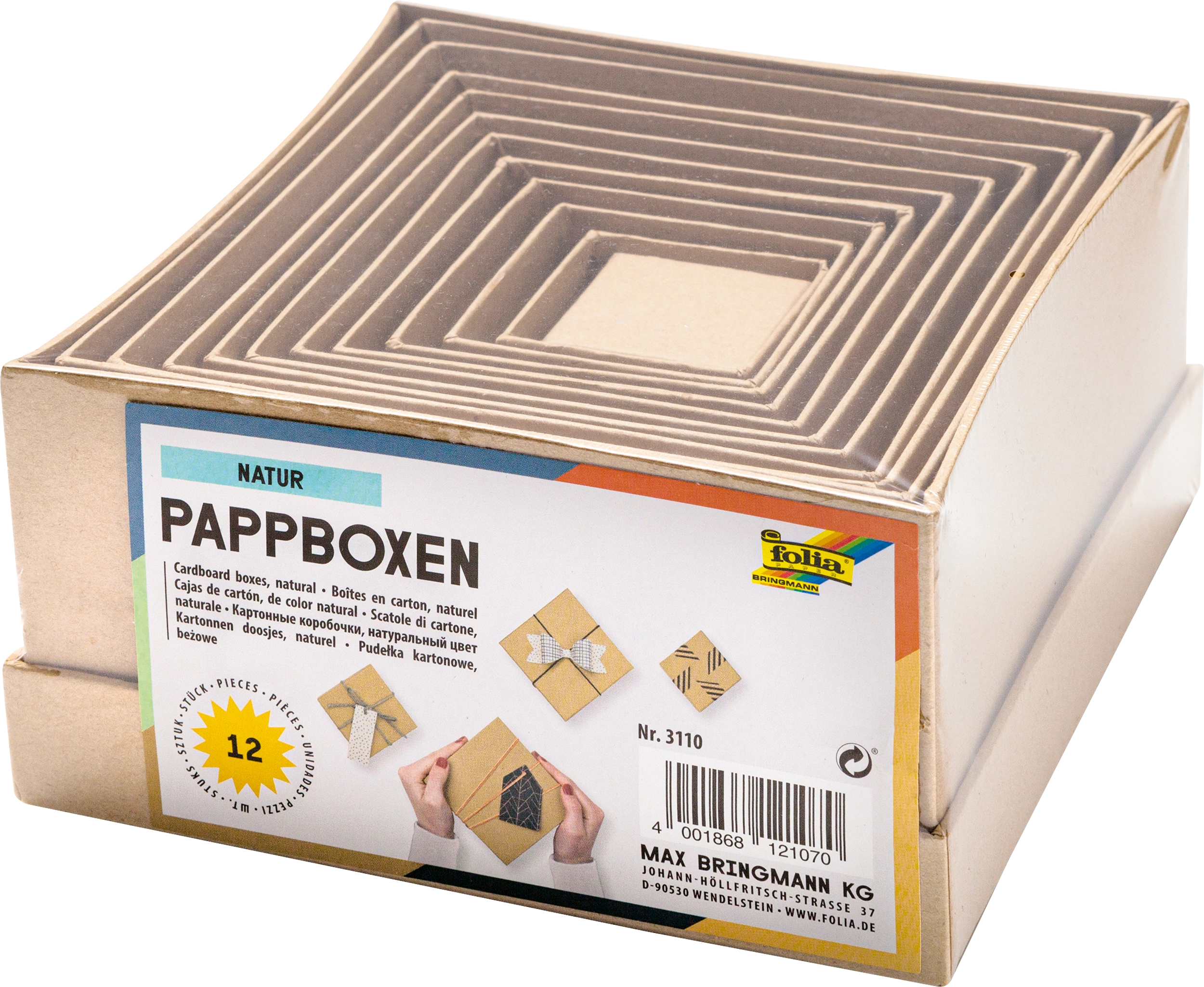Pappboxen, Natur, Eckig, 12 Stück