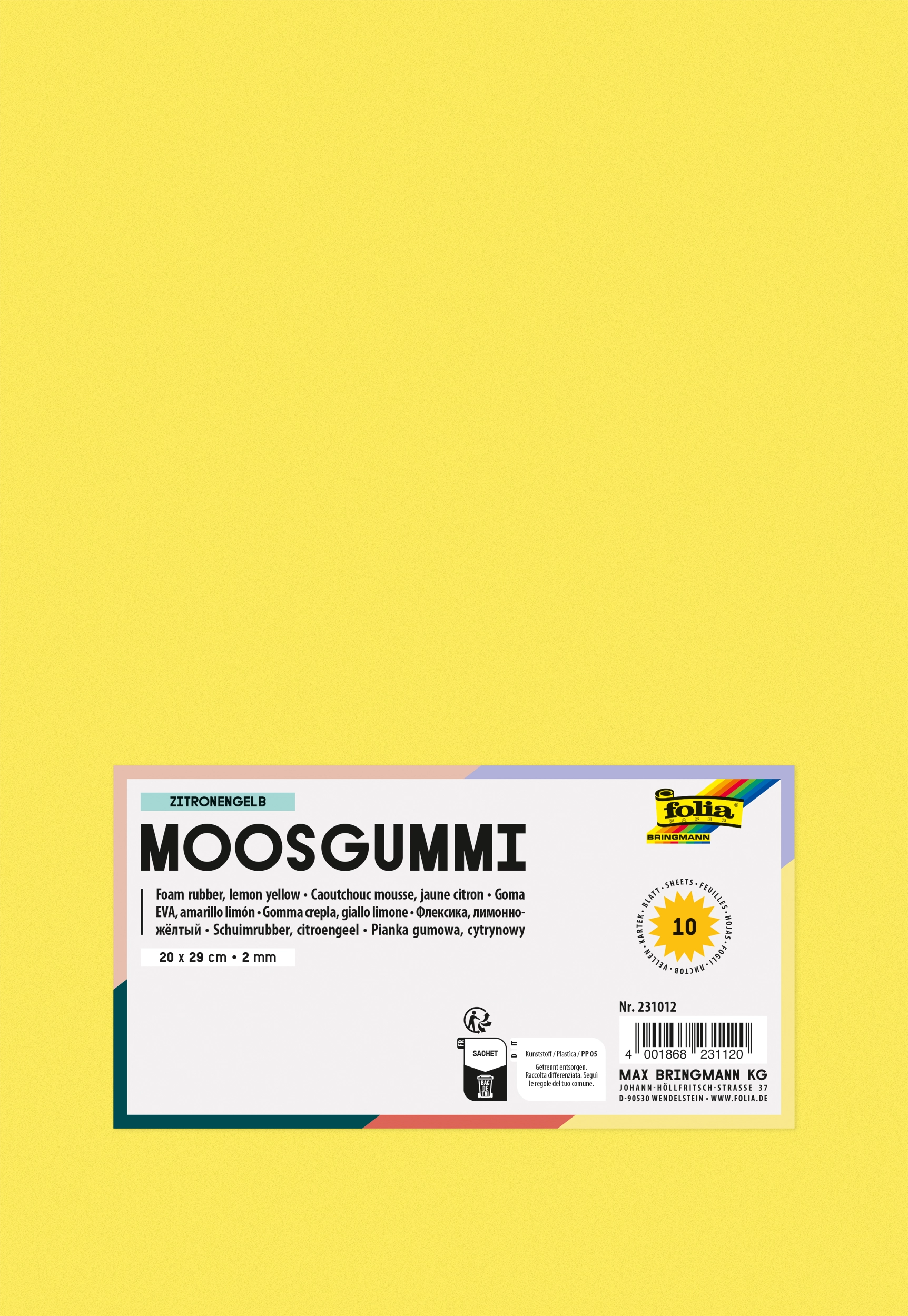 Moosgummi, Zitronengelb, 20 x 29 cm, 10 Blatt