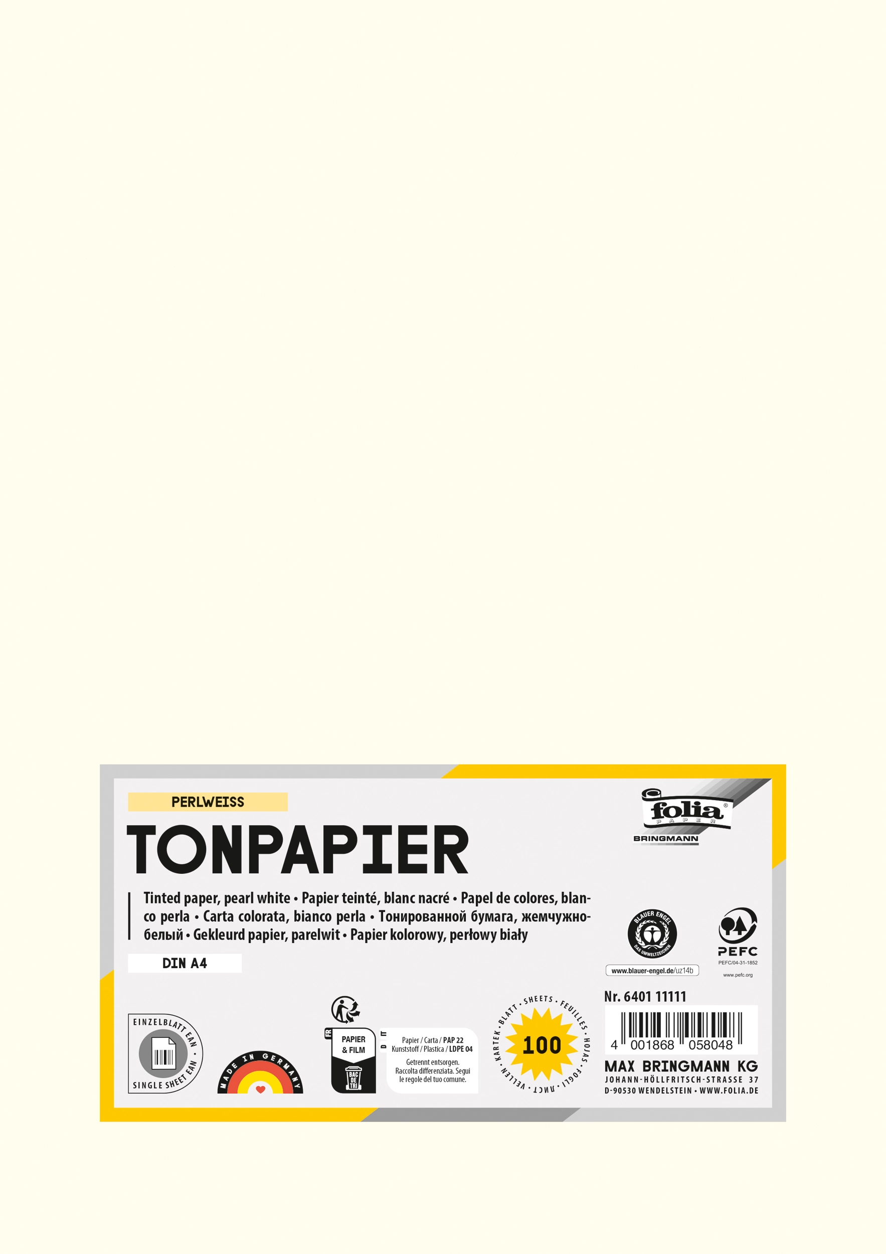 Tonpapier , Perlweiß, DIN A4, 130 g/m², 100 Blatt, ja