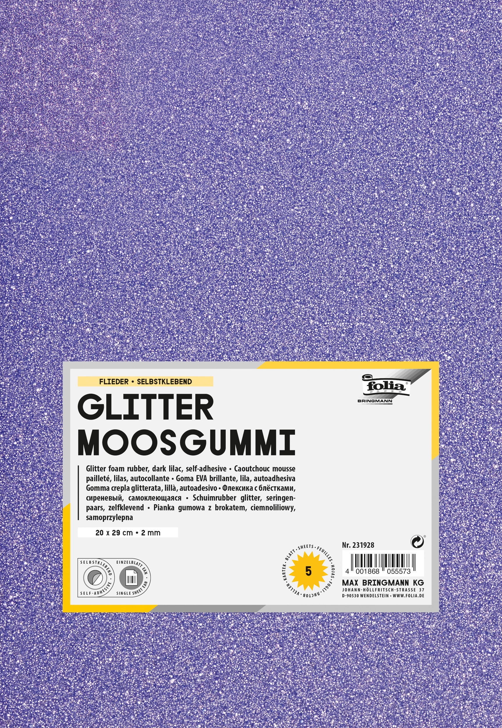 Glitter Moosgummi , Flieder, selbstklebend, 20 x 29 cm, 5 Blatt