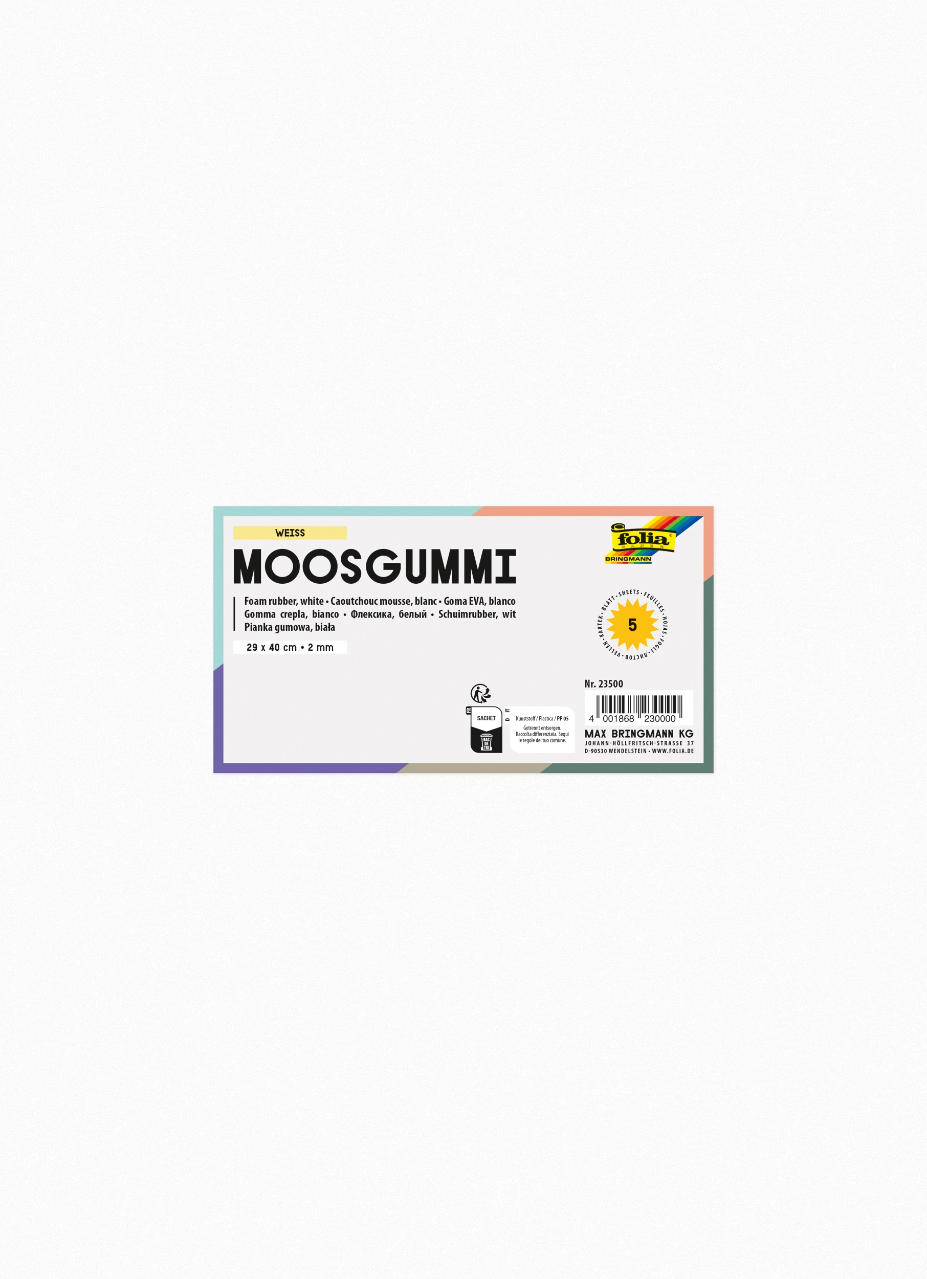 Moosgummi, Weiß, 29 x 40 cm, 5 Blatt