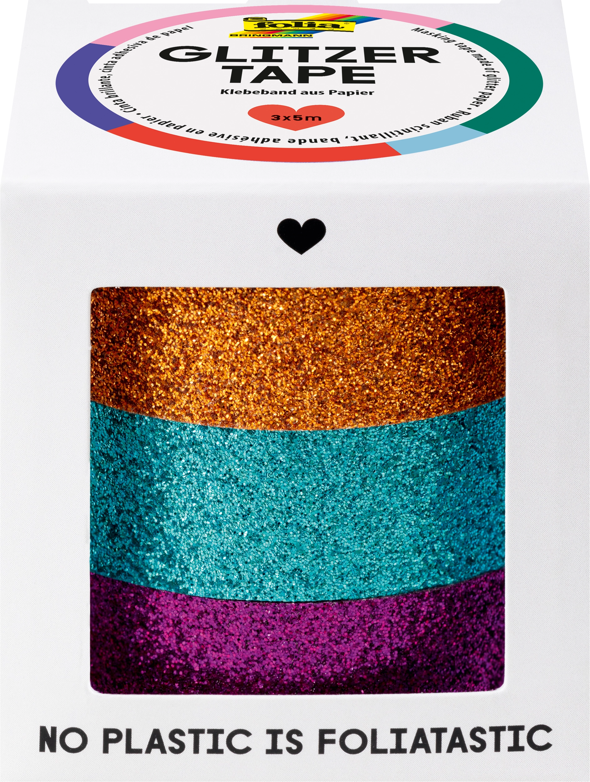 Glitzertape, Kupfer, Türkis, Violett, 3x 5 m, 3 Rollen