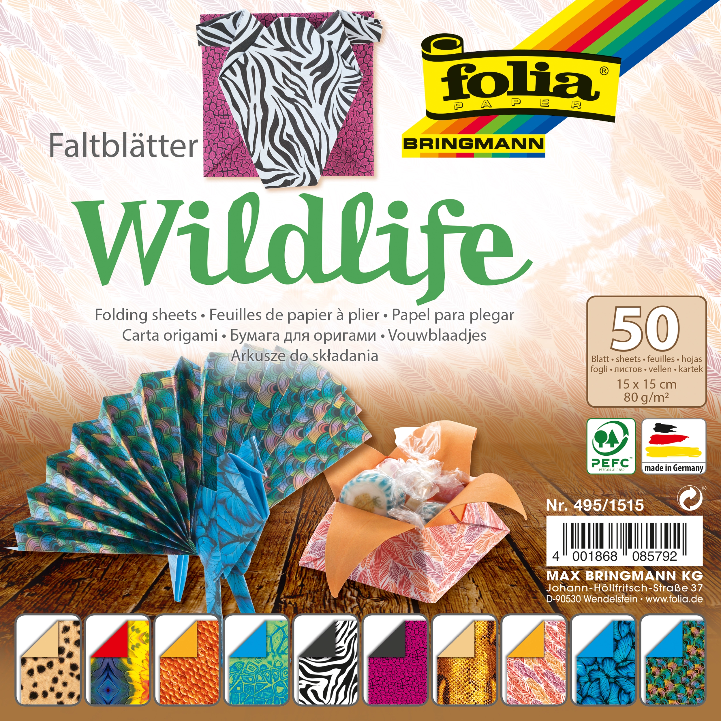 Origamipapier mit Motiv, Wildlife, 15 x 15 cm, 80 g/m², 50 Blatt