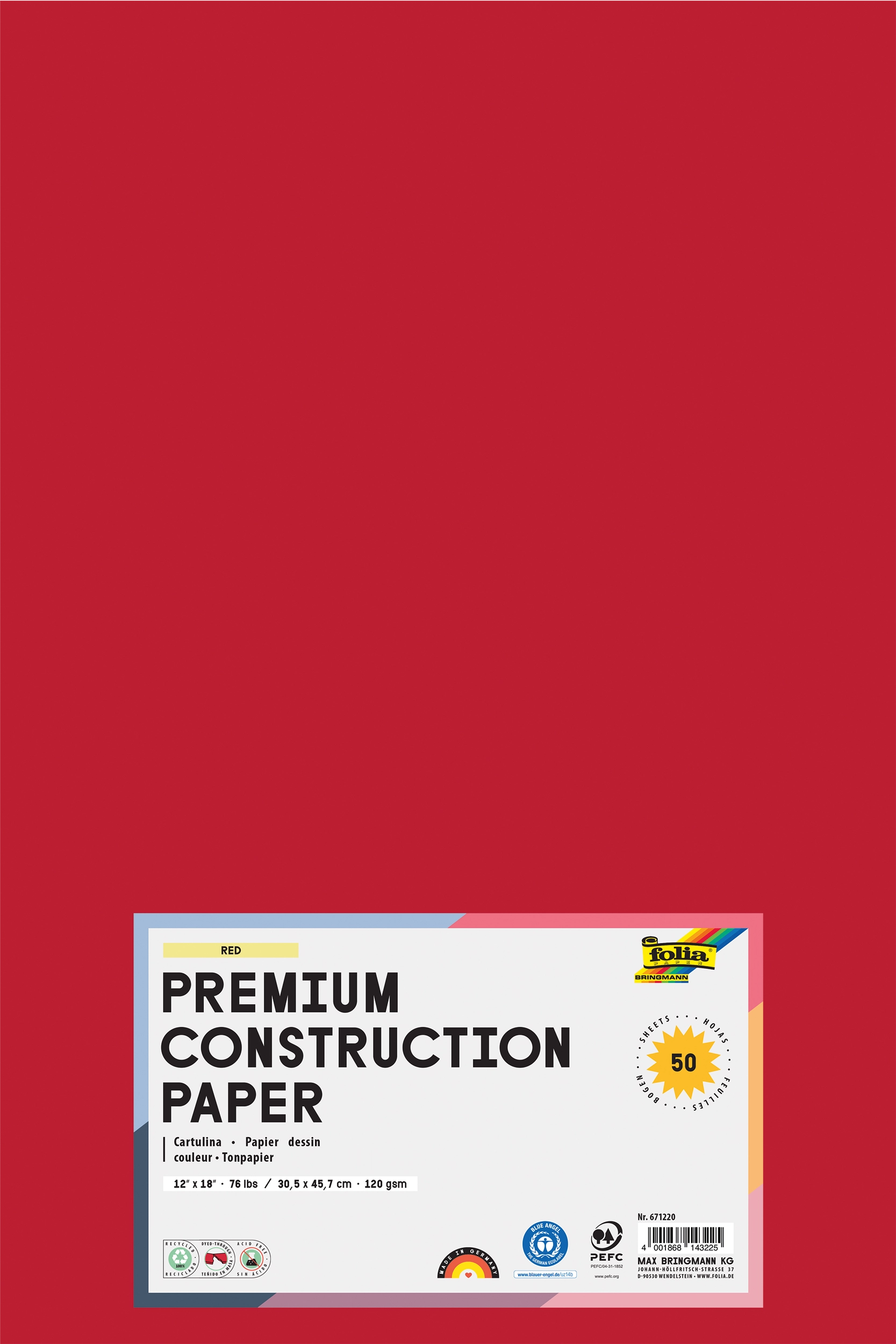 Tonpapier, Hochrot, 30,5 x 45,7 cm, 120 g/m², 50 Blatt