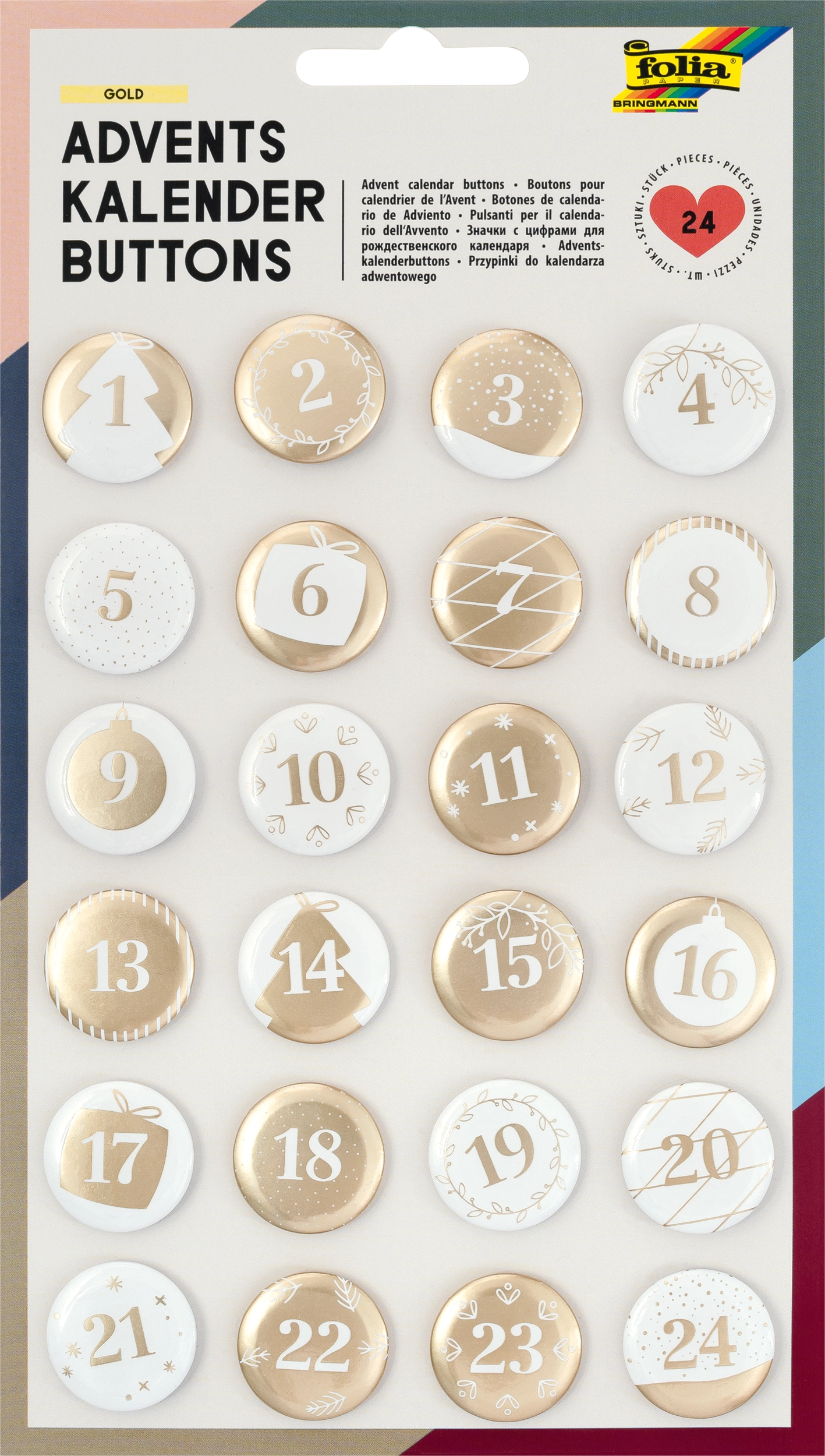 Adventskalender-Buttons, Gold, Ø 25 mm, 24 Stück