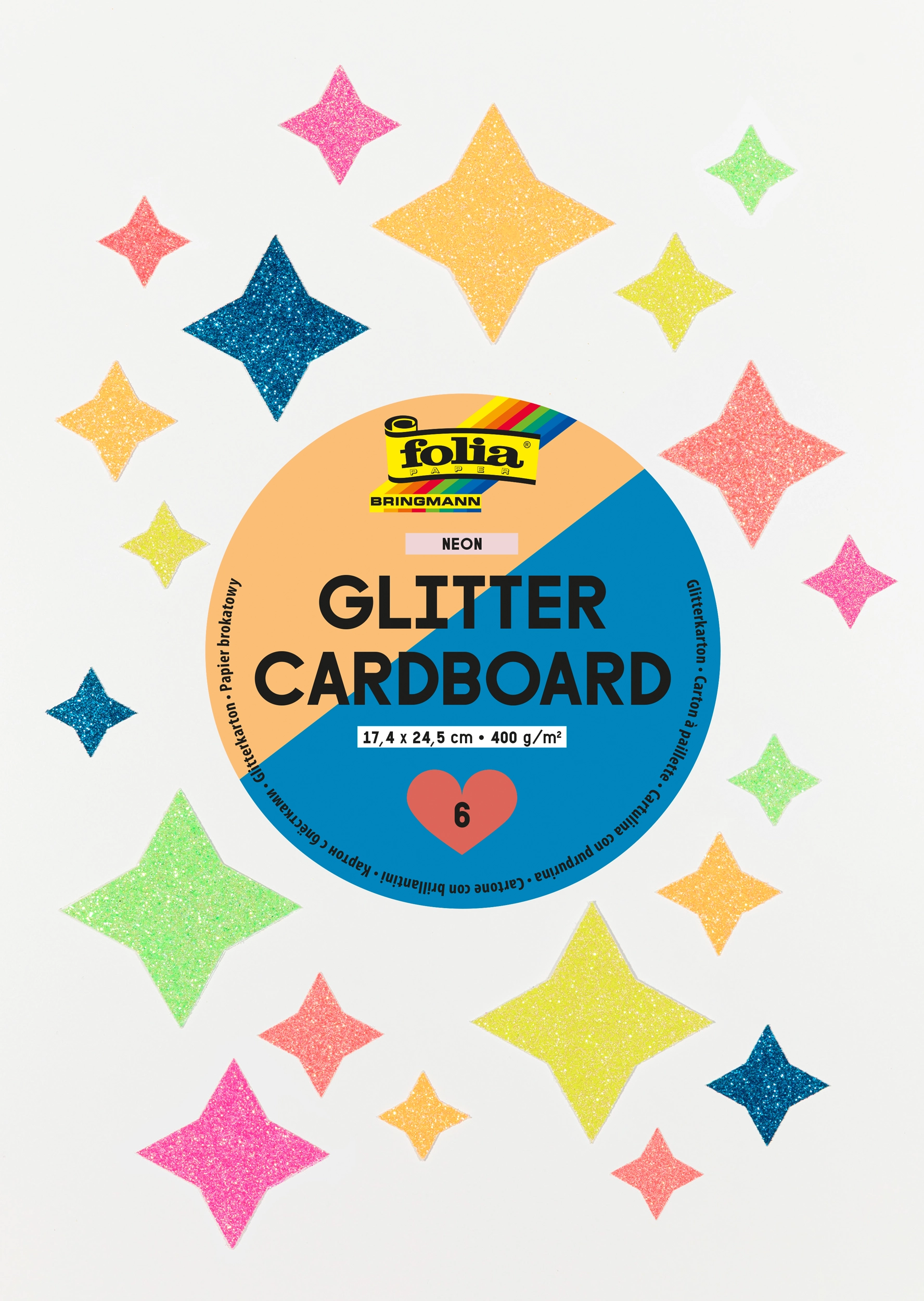 Glitter Cardboard Pad, Neon, 17,4 x 24,5 cm, 300 g/m², 6 sheets