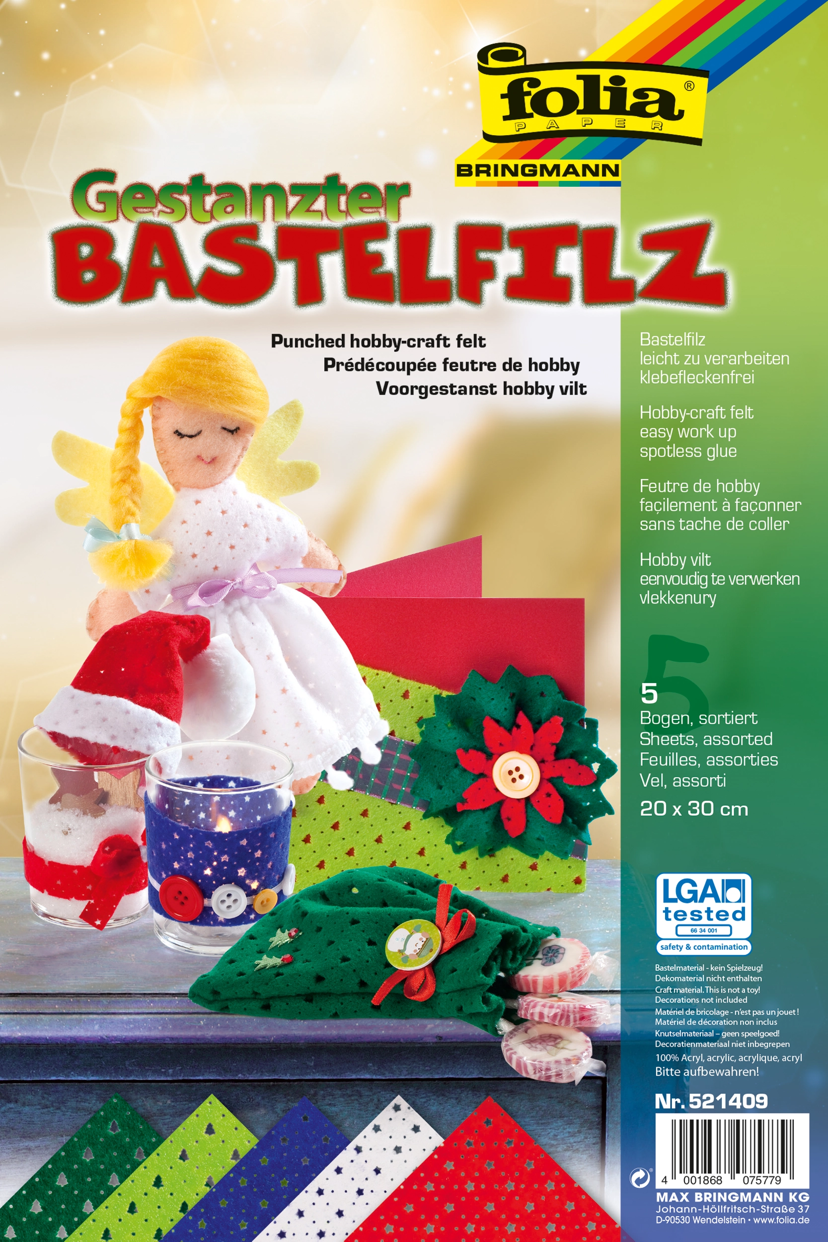 Bastelfilz gestanzt, Weihnachten, 20 x 30 cm, 150 g/m², 5 Blatt