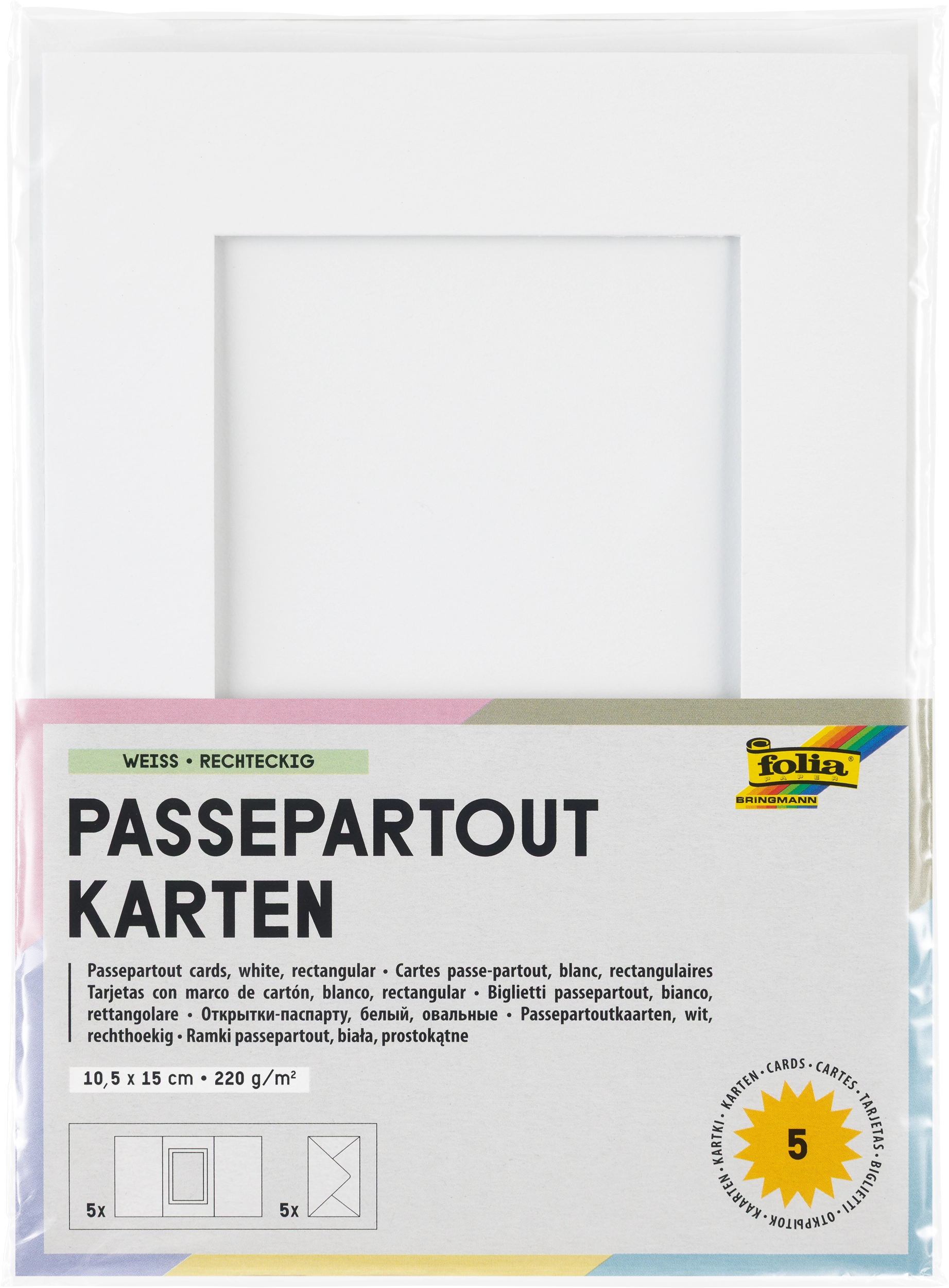 Passepartoutkarten, Weiß, Rechteckig, 10,5 x 15,0 cm, 130 g/m², 220 g/m² , 5 Stück