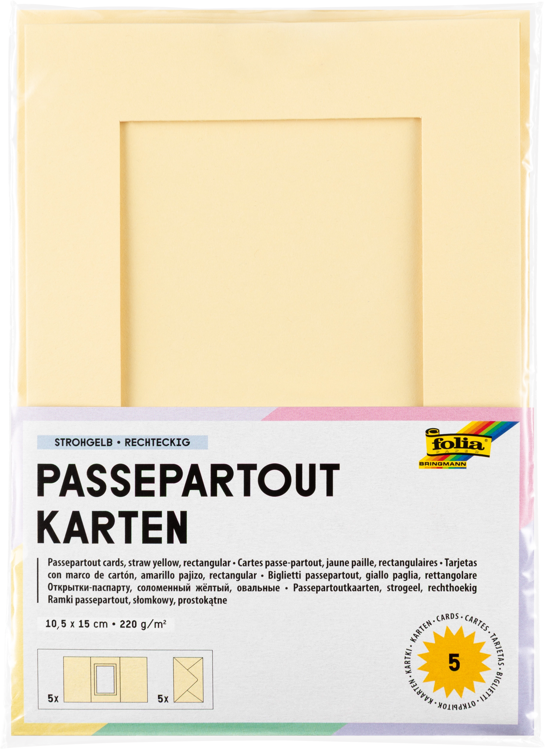 Passepartoutkarten, Strohgelb, Rechteckig, 10,5 x 15,0 cm, 130 g/m², 220 g/m² , 5 Stück