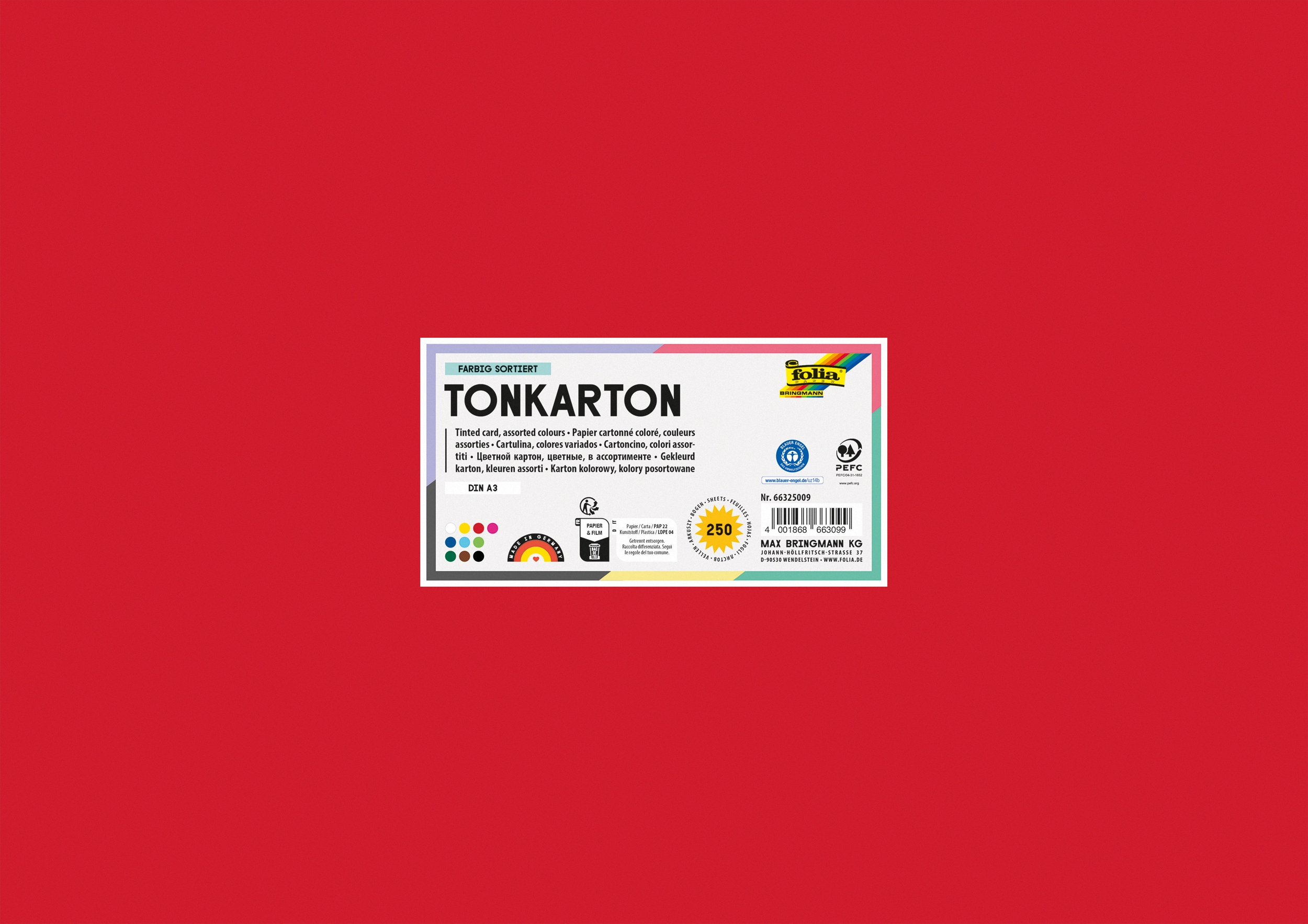 Tonkarton, Basic, 10 Farben, DIN A3, 160g/m², 250 Blatt