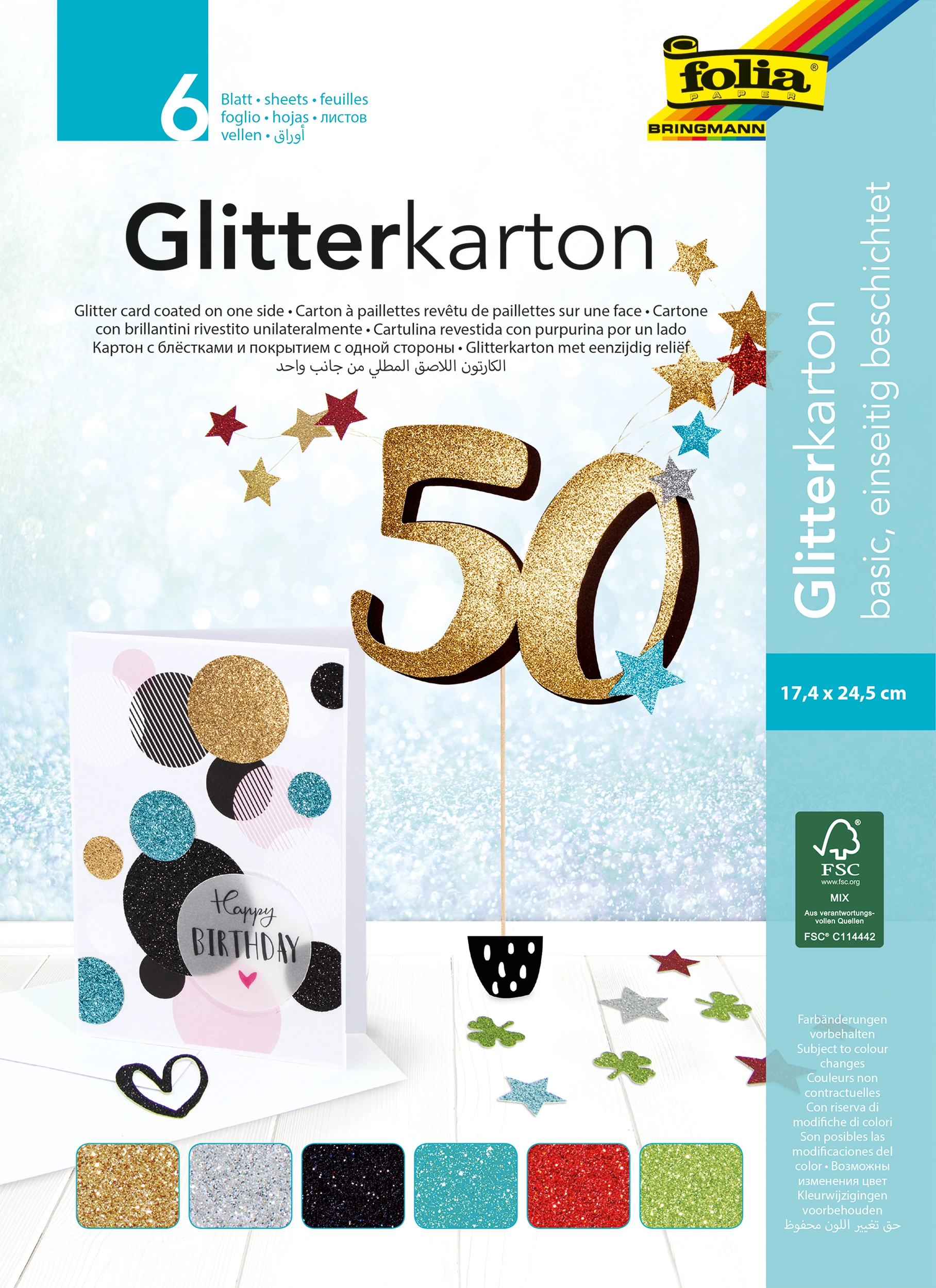 Glitter Cardboard Pad, Basic, 17,4 x 24,5 cm, 300 g/m², 6 sheets