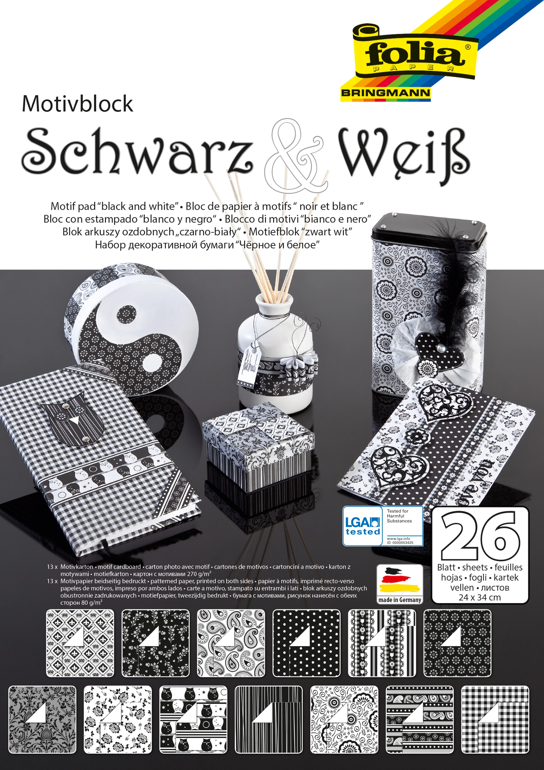 Motif Pad, Black & White, 24 x 34 cm, 80 g/m², 130 g/m²  270 g/m², 26 sheets