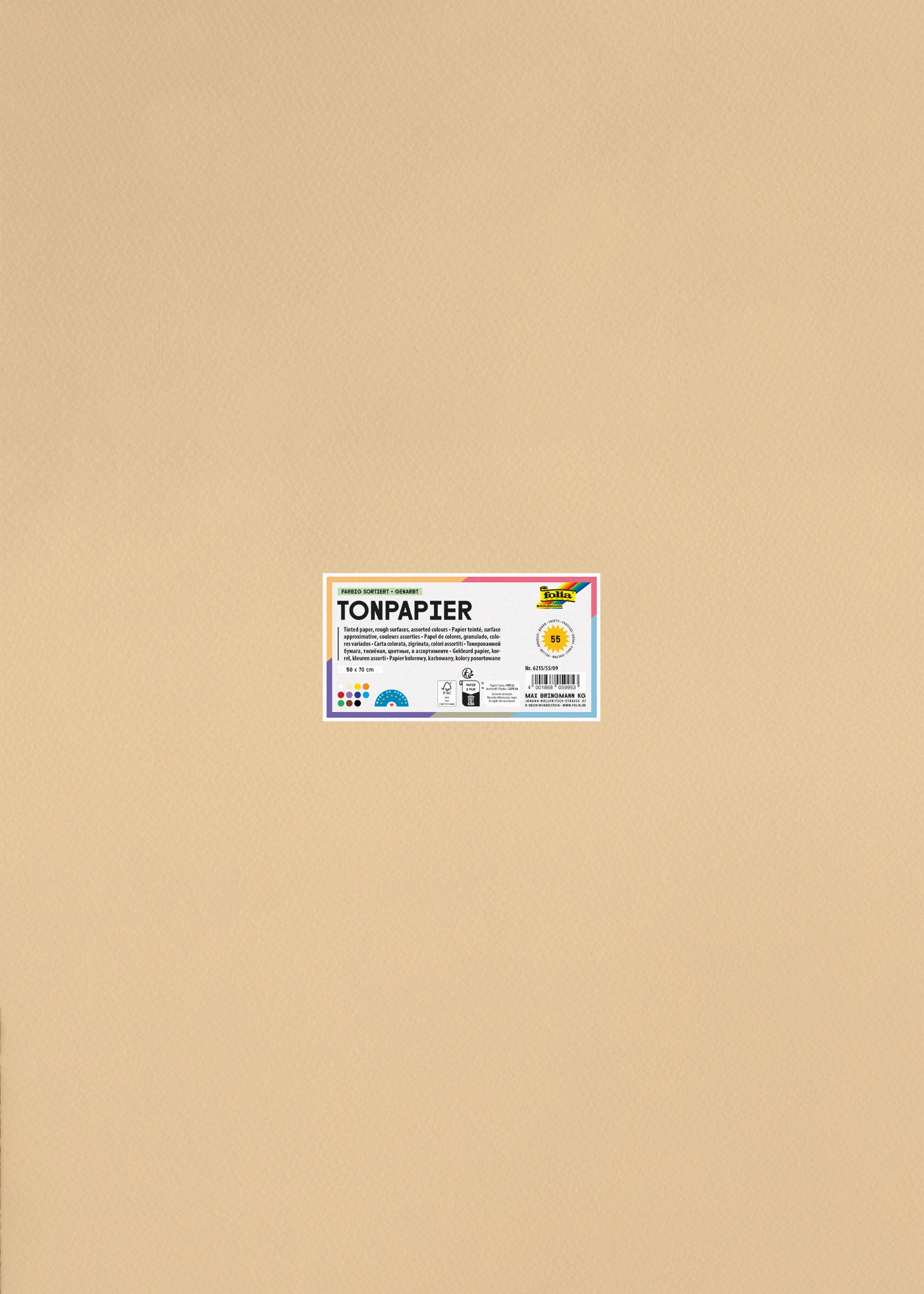 Tonpapier , Genarbt, Farbig Sortiert, 50 x 70 cm, 150 g/m², 55 Blatt