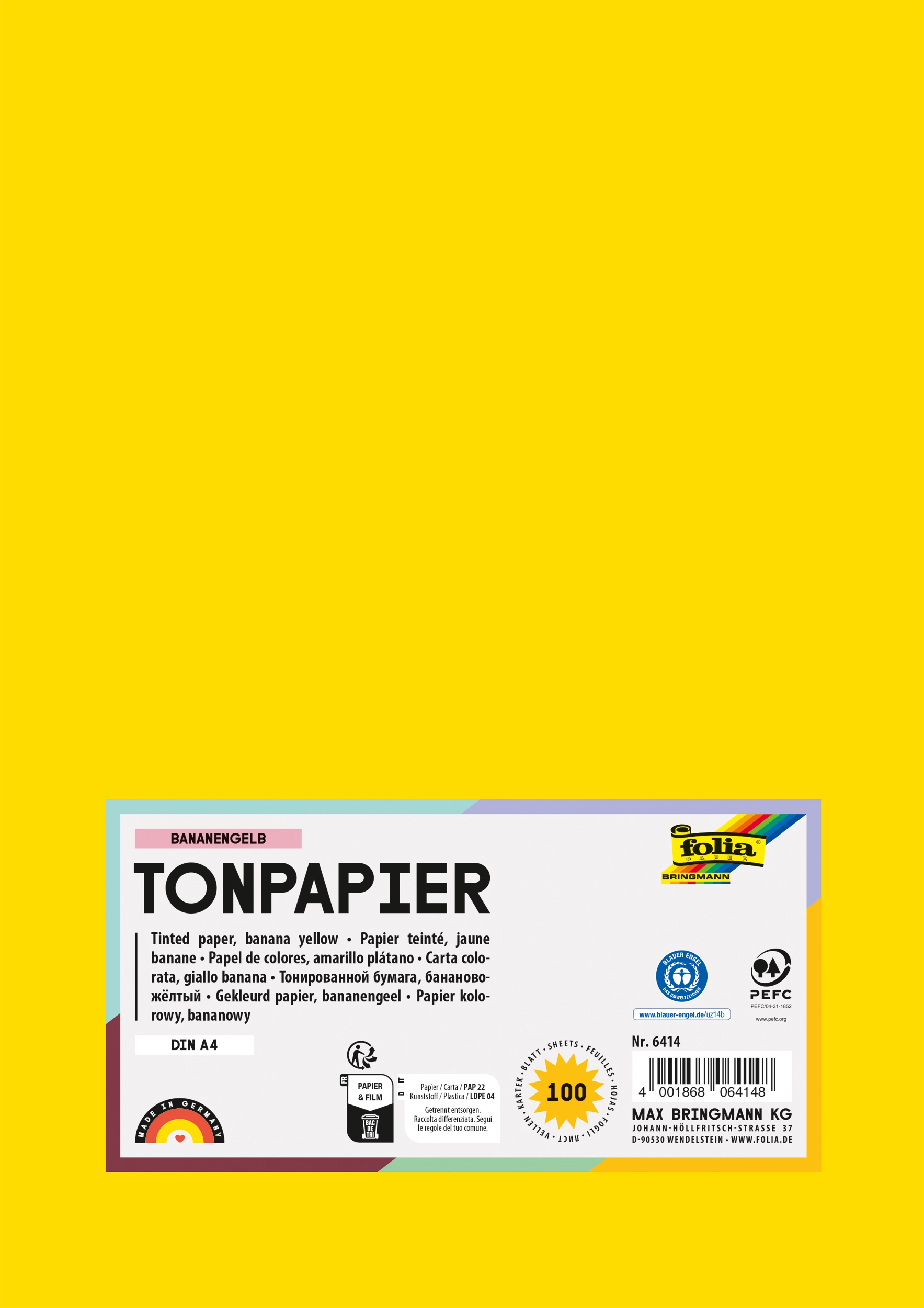 Tonpapier, Bananengelb, DIN A4, 130 g/m², 100 Blatt