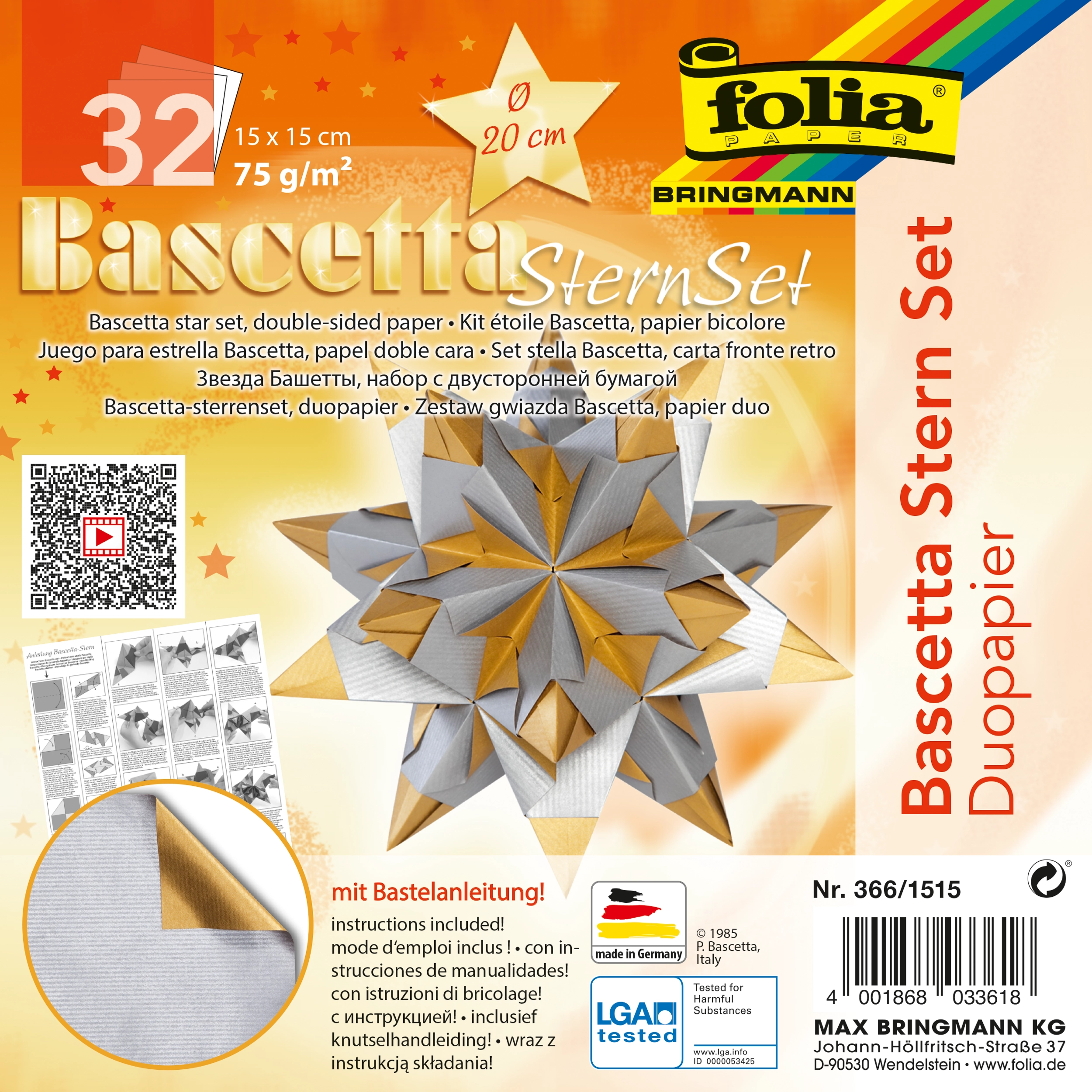 Bascetta Stern Duo Papier, Silber & Gold, 15 x 15 cm, 75 g/m², 1 Stern