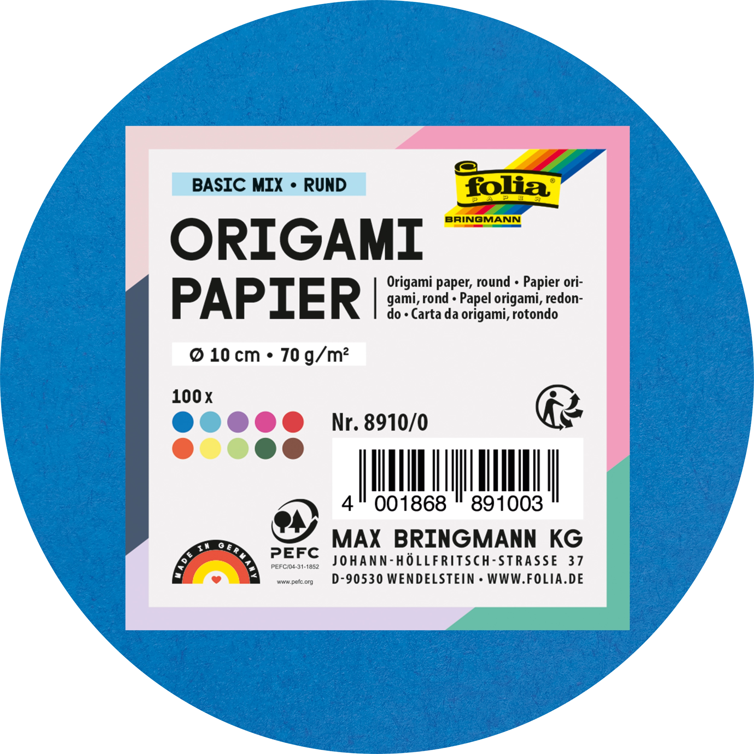 Origamipapier, Basic Mix, rund, 70 g/m², 100 Blatt
