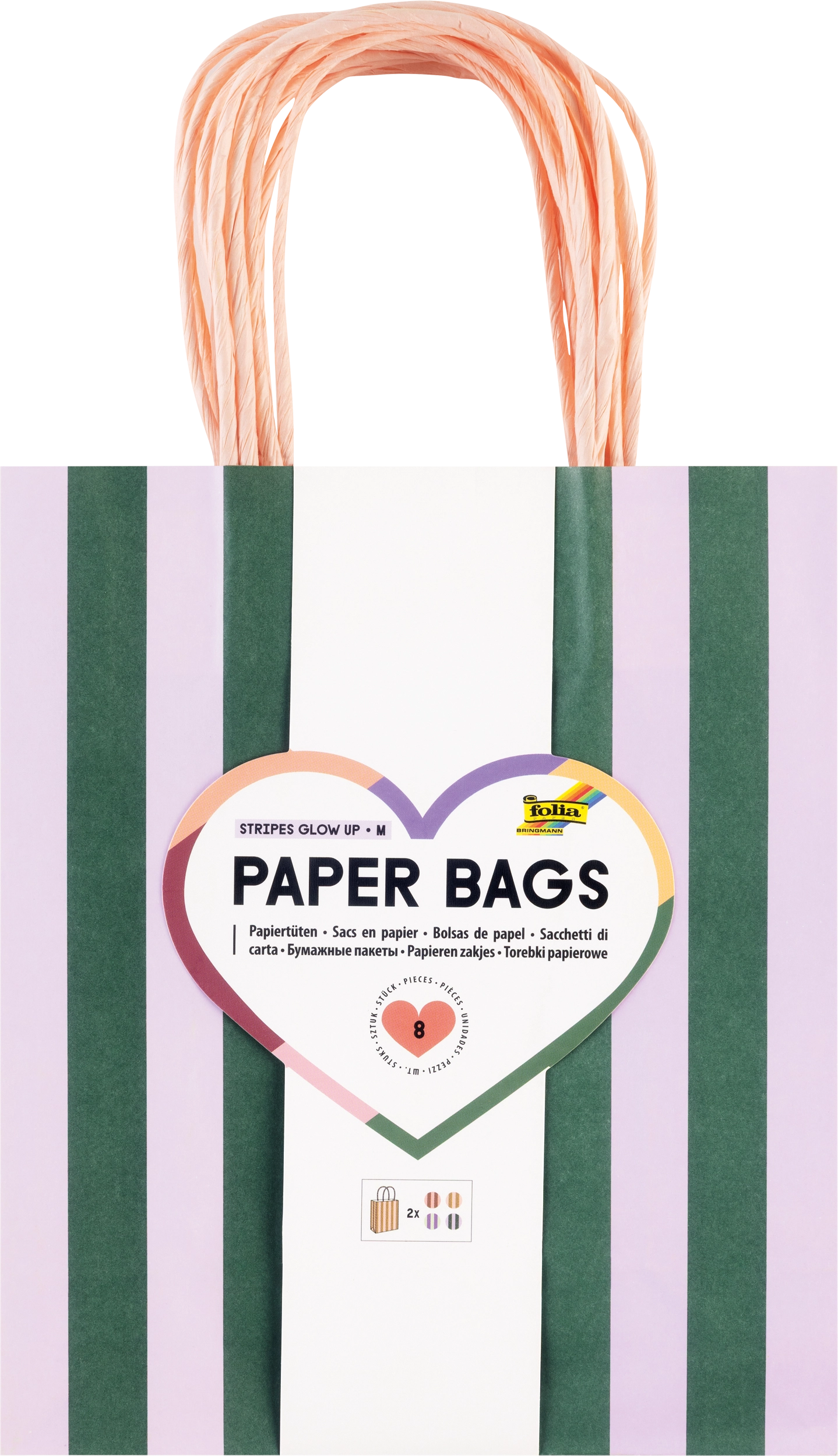Paper Bags, Stripes, Glow Up, M, 110 g/m², 8 pieces