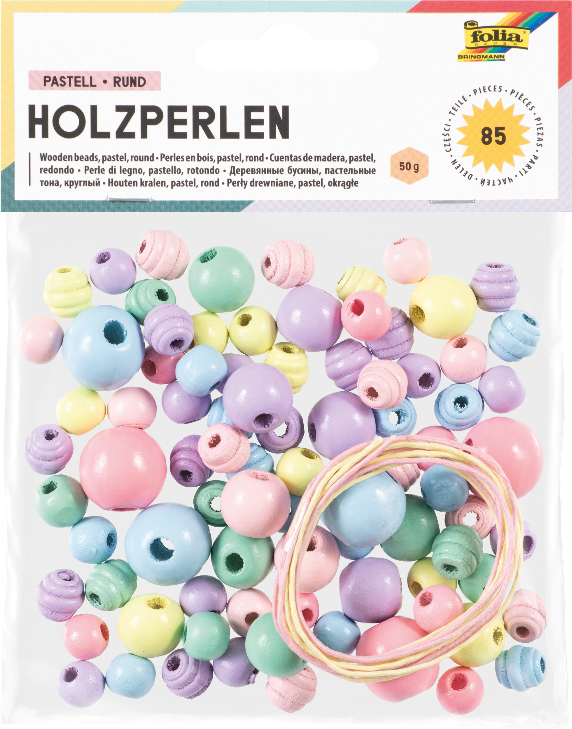 Holzperlen, Pastell, Rund, Ø 10 mm, Ø 12 mm, Ø 14 mm, Ø 18 mm, 85 Teile