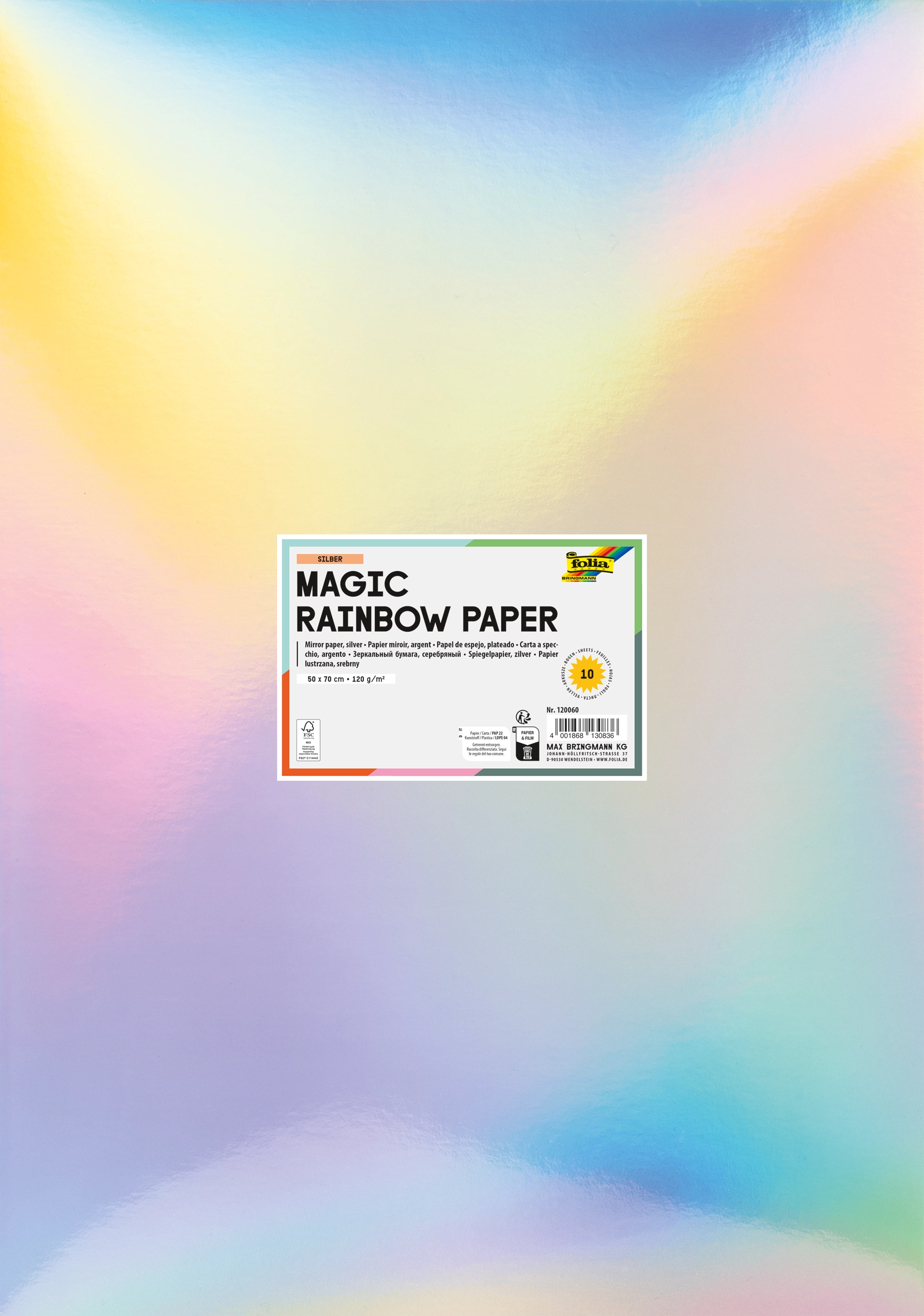 Magic Rainbow Paper, Silver, Iridescent, 50 x 70 cm, 120 g/m², 10 sheets
