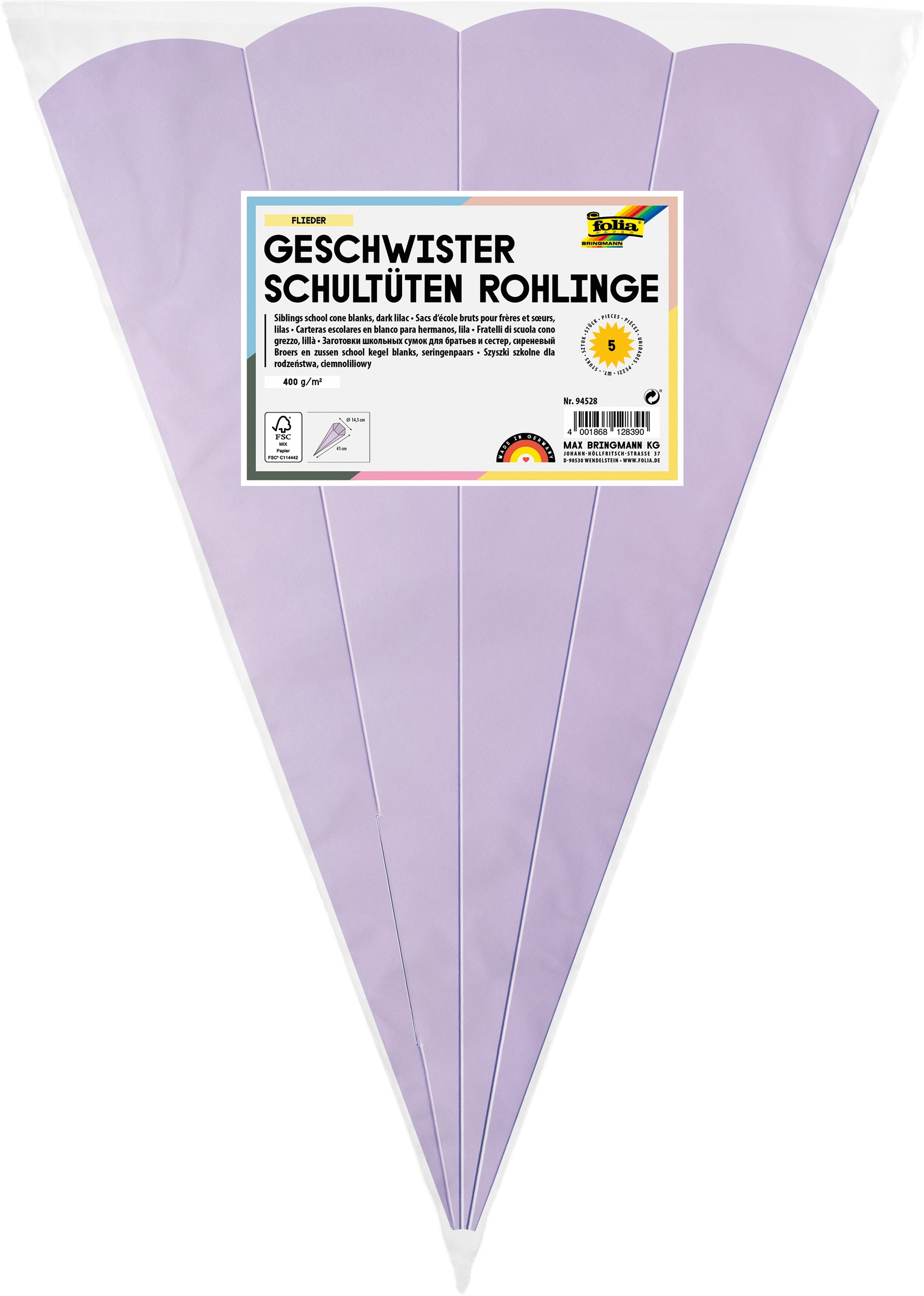 Geschwister Schultüten-Rohlinge, Flieder, 400 g/m², 41 cm, Ø 14,5 cm, 5 Stück