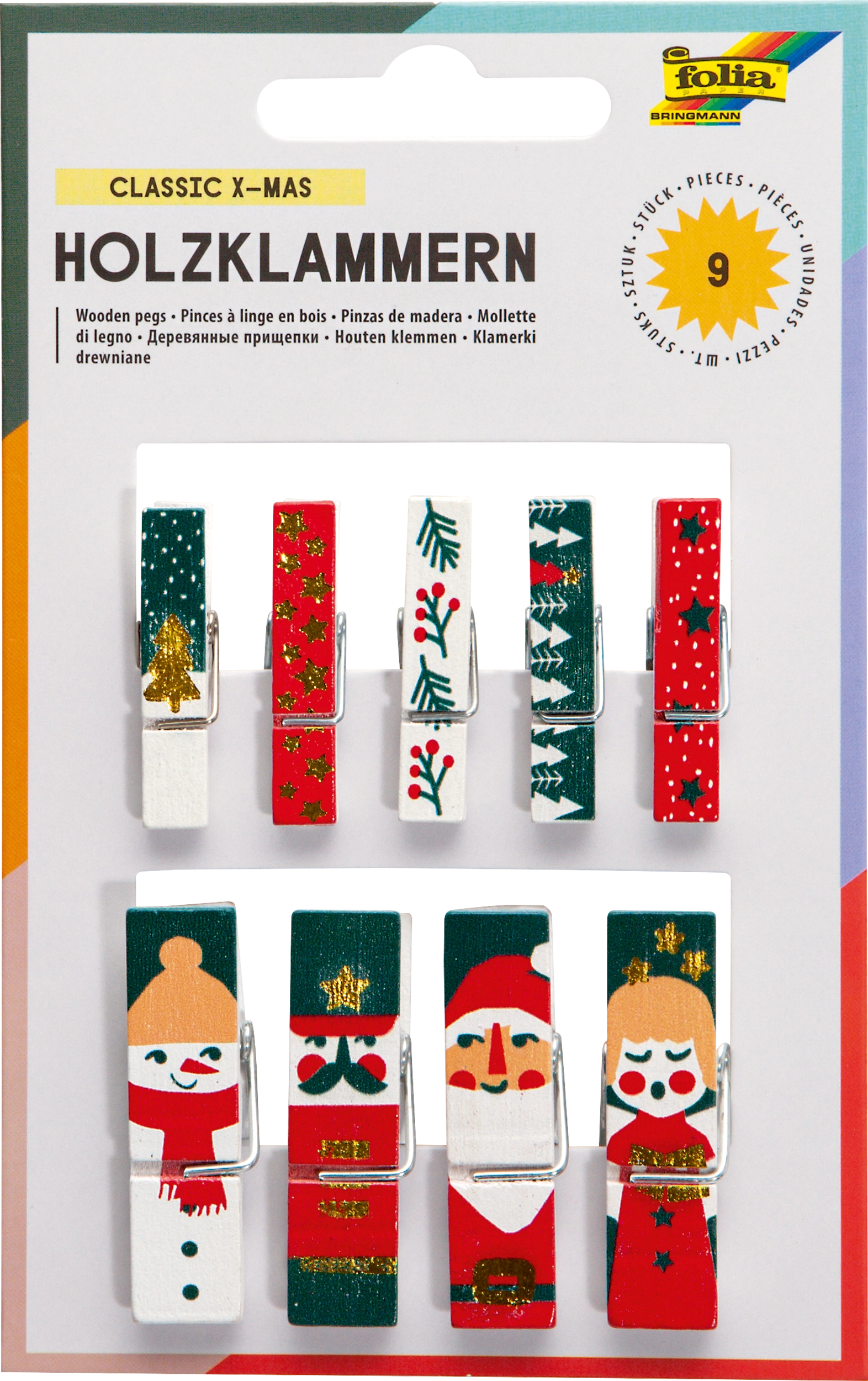 Holzklammern, Classic X-Mas, 9 Stück