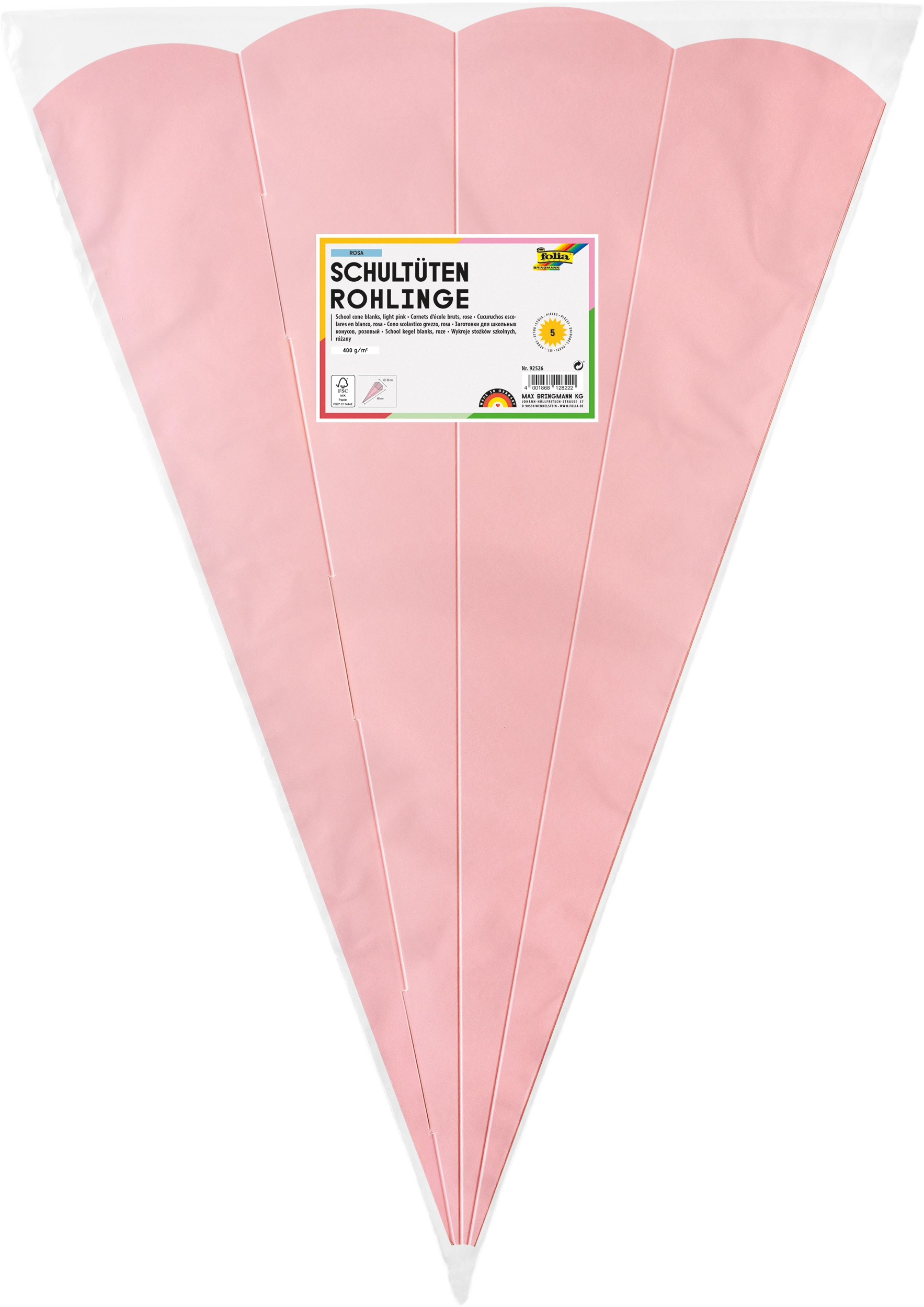 Schultüten-Rohlinge, Rosa, 400 g/m², 68 cm, 5 Stück