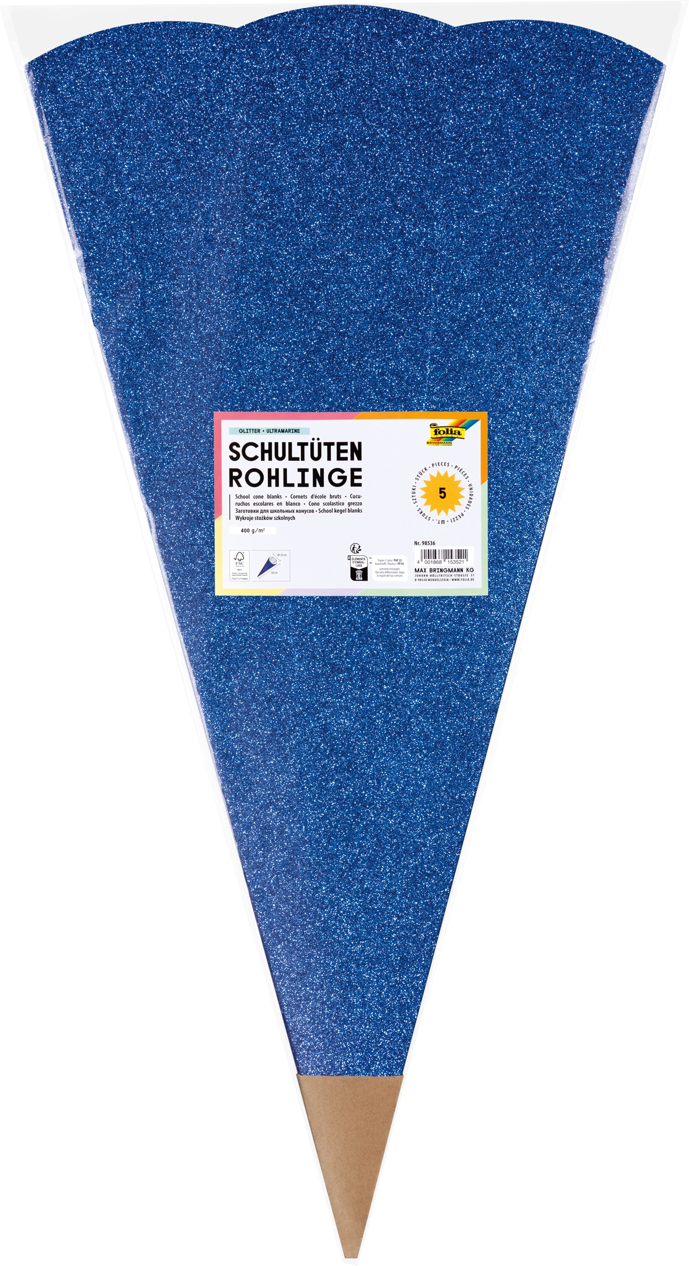 School Cone Blanks, Glitter, Ultramarine, 400 g/m², 5 pieces