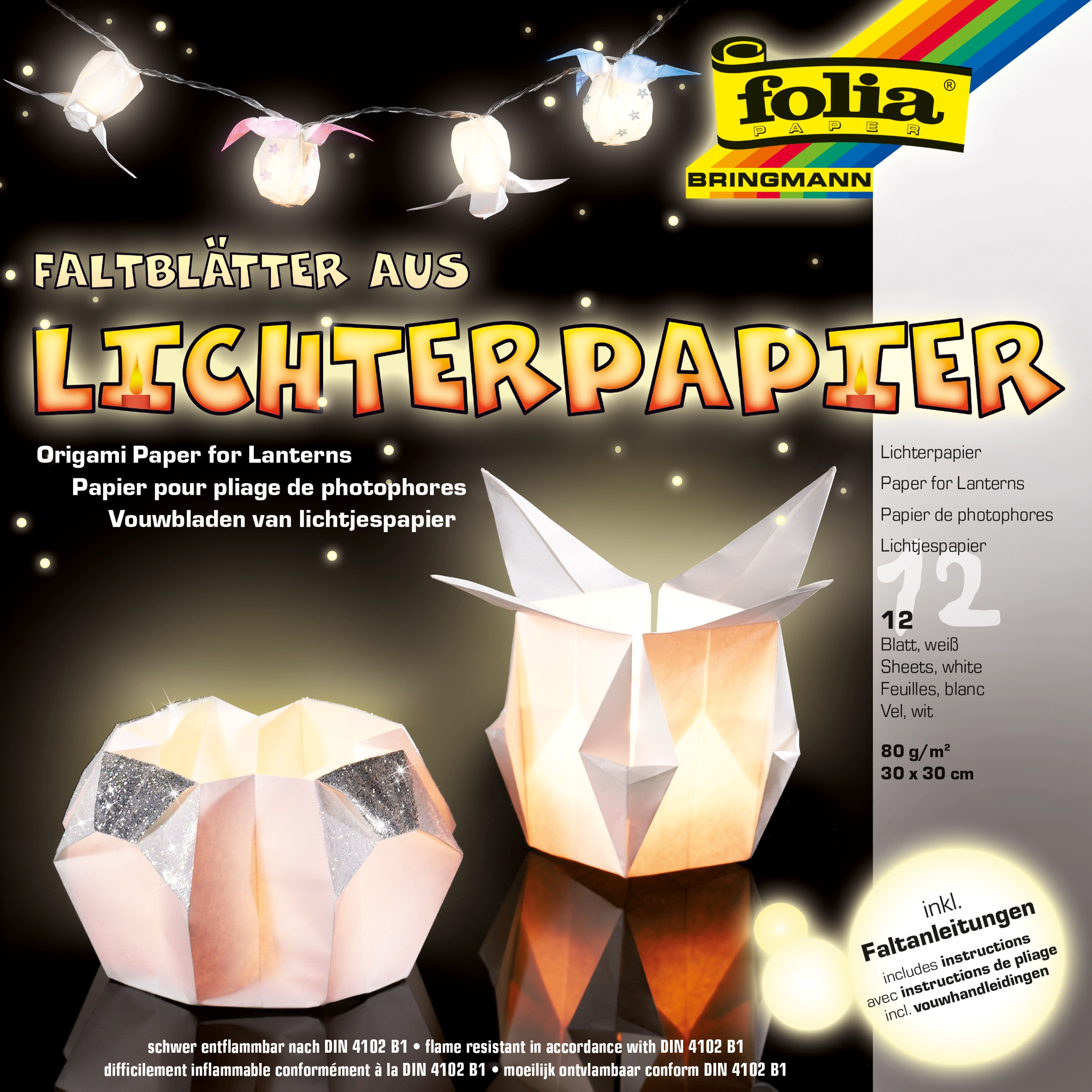 Origami Lichterpapier, Weiß, 30 x 30 cm, 80 g/m², 12 Blatt