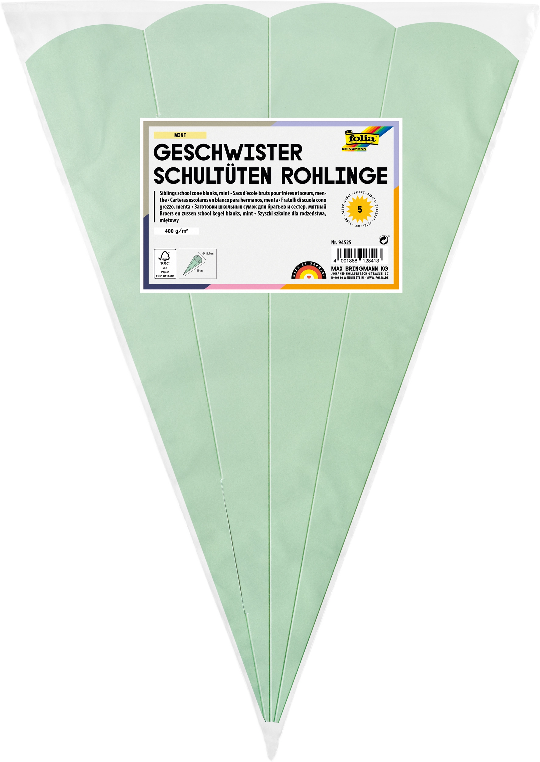 Geschwister Schultüten-Rohlinge, Mint, 400 g/m², 41 cm, Ø 14,5 cm, 5 Stück
