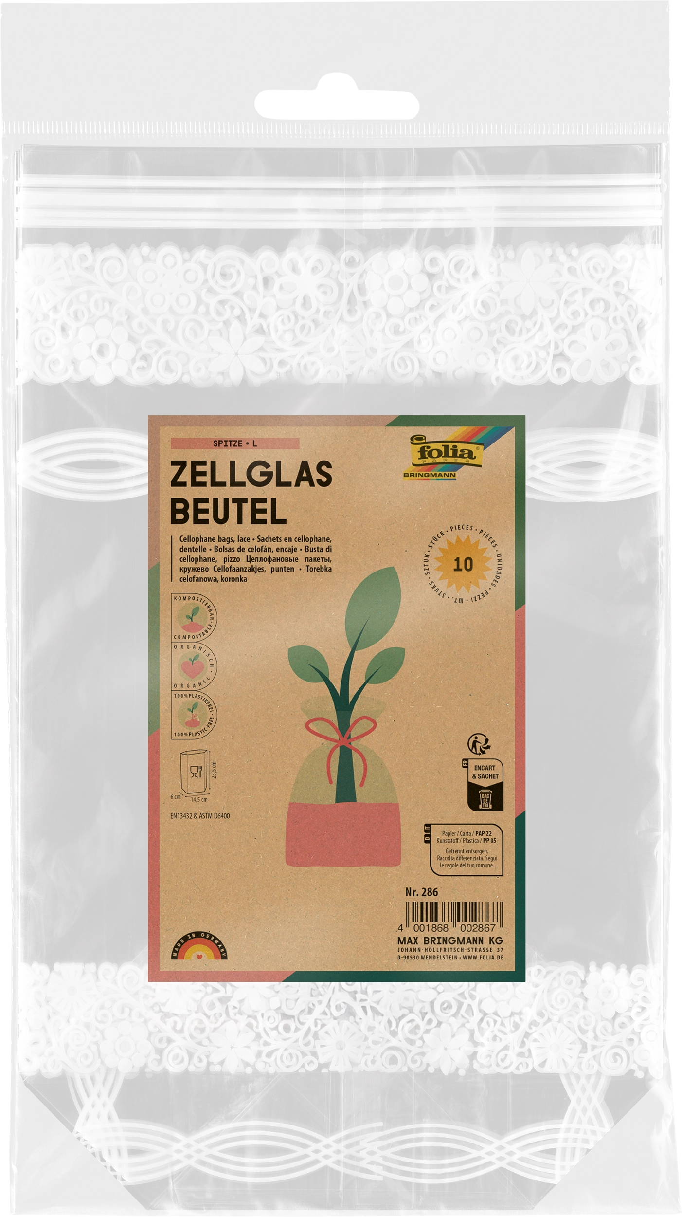 Zellglasbeutel, Spitze, L, 14,5 x 23,5 cm, 10 Stück