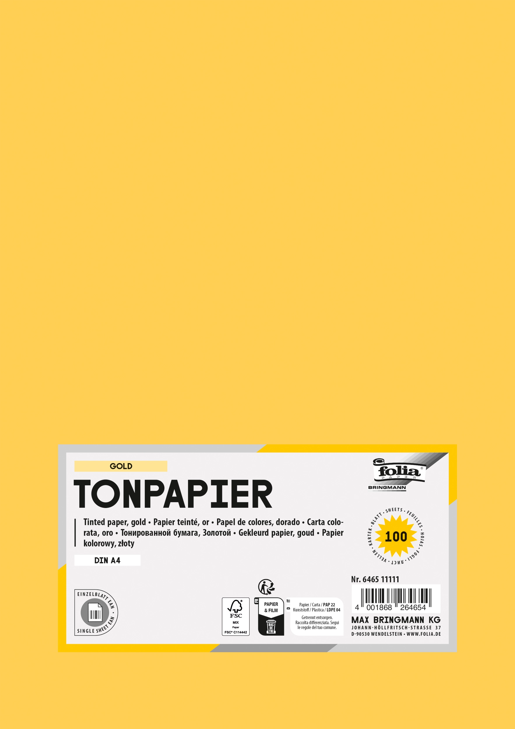 Tonpapier , Gold, DIN A4, 130 g/m², 100 Blatt