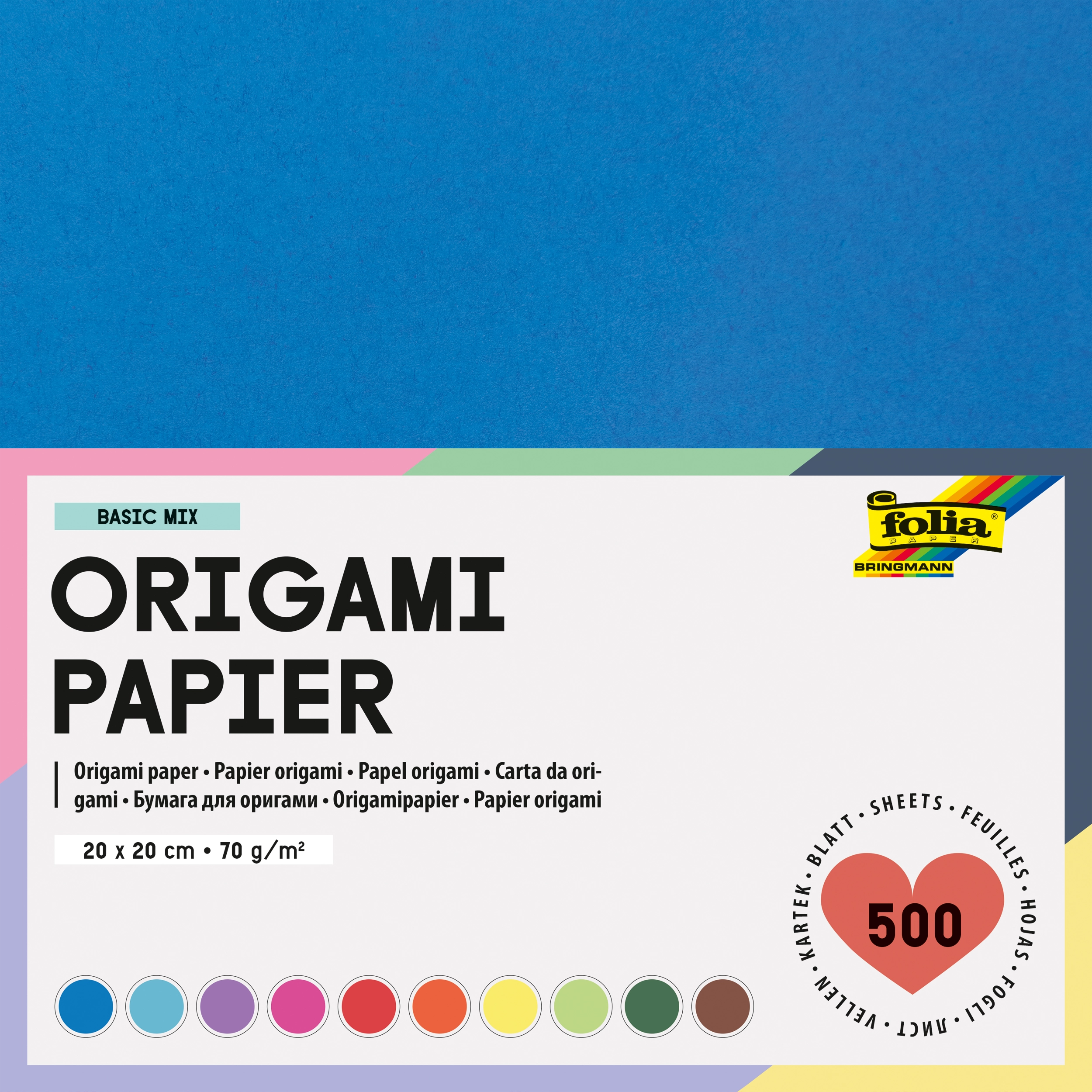 Origamipapier, Basic Mix, 20 x 20 cm, 70 g/m², 500 Blatt