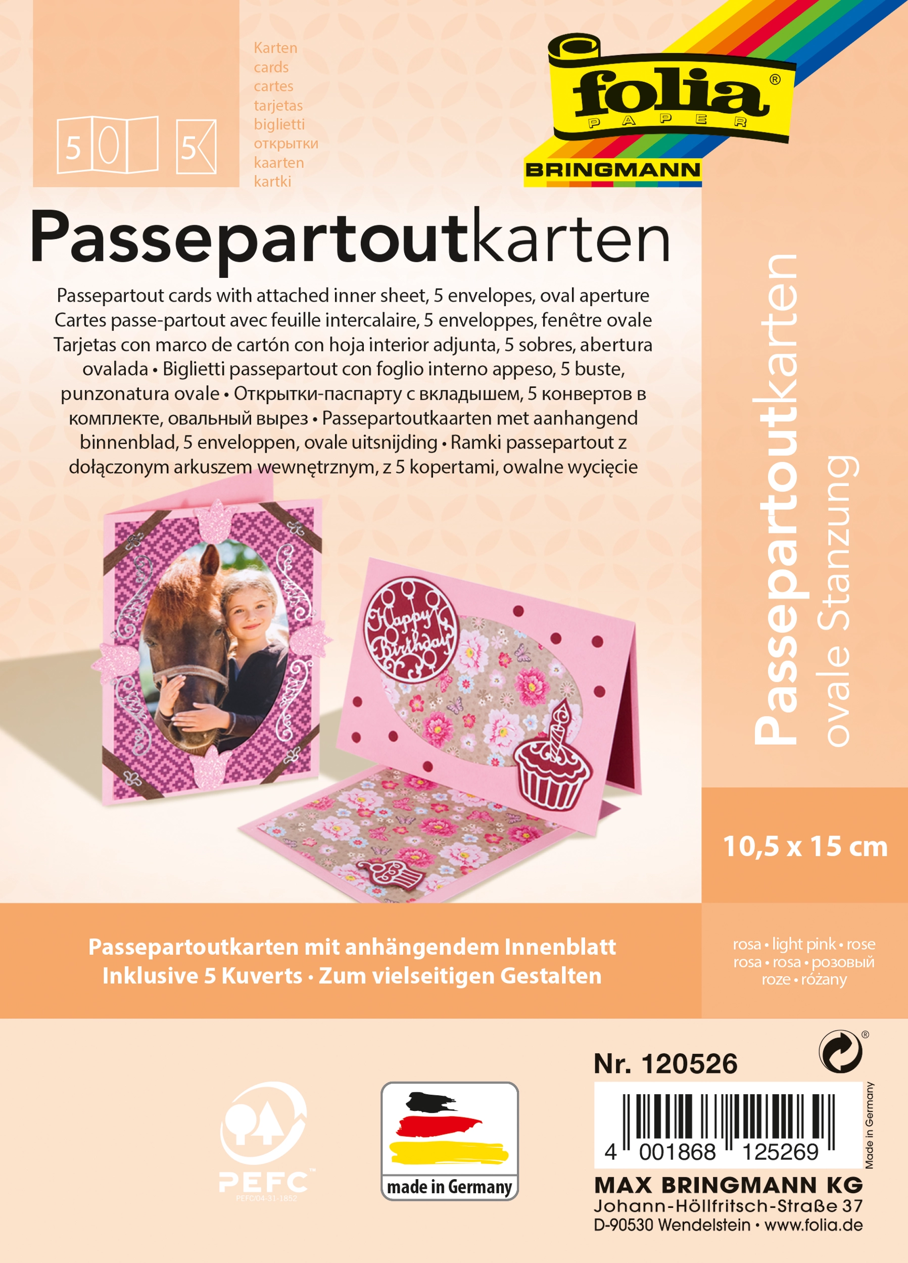Passepartoutkarten, Rosa, Oval, 10,5 x 15,0 cm, 130 g/m², 220 g/m² , 5 Stück