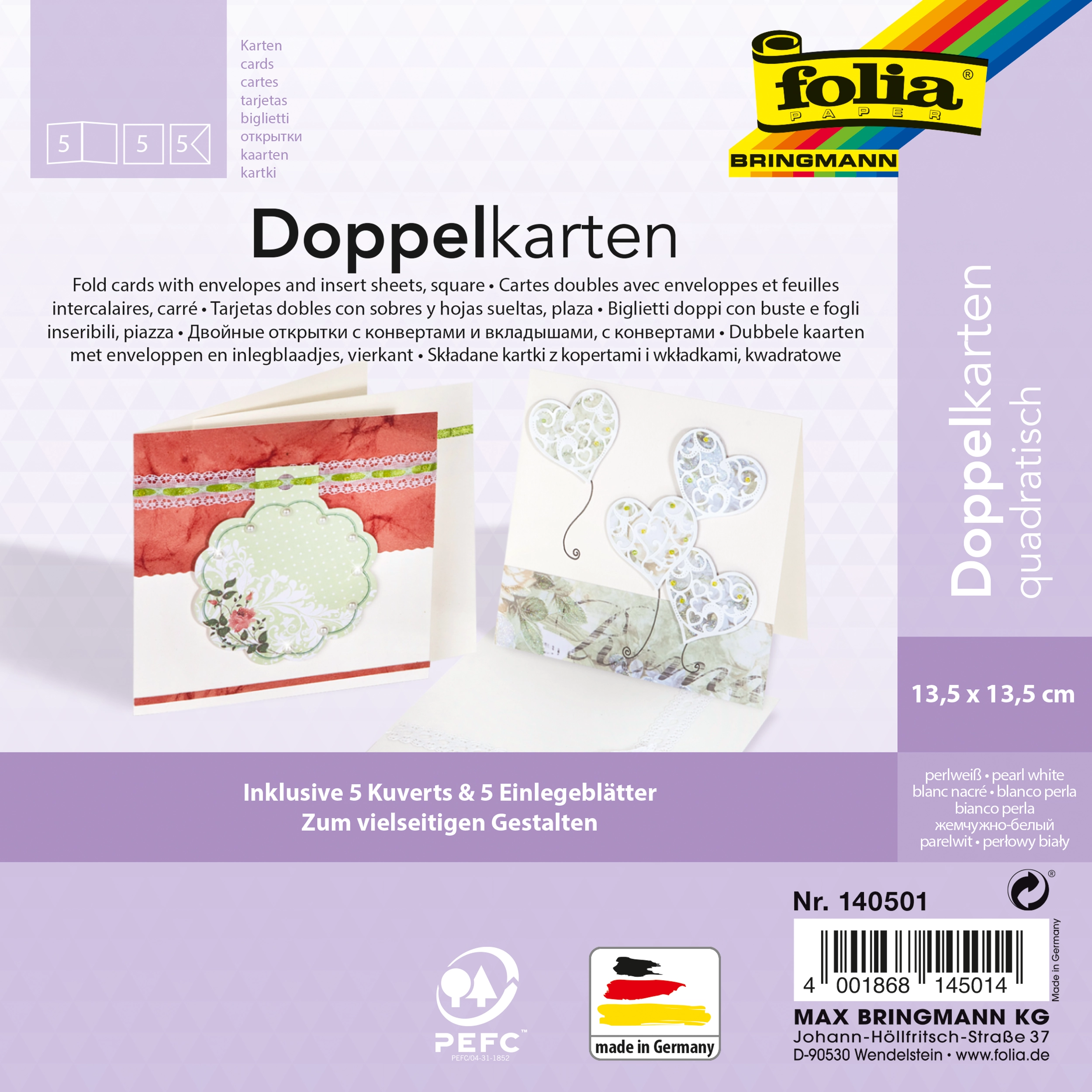 Klappkarten, Perlweiß, Quadratisch, 13,5 x 13,5 cm, 130 g/m², 220 g/m² , 5 Stück