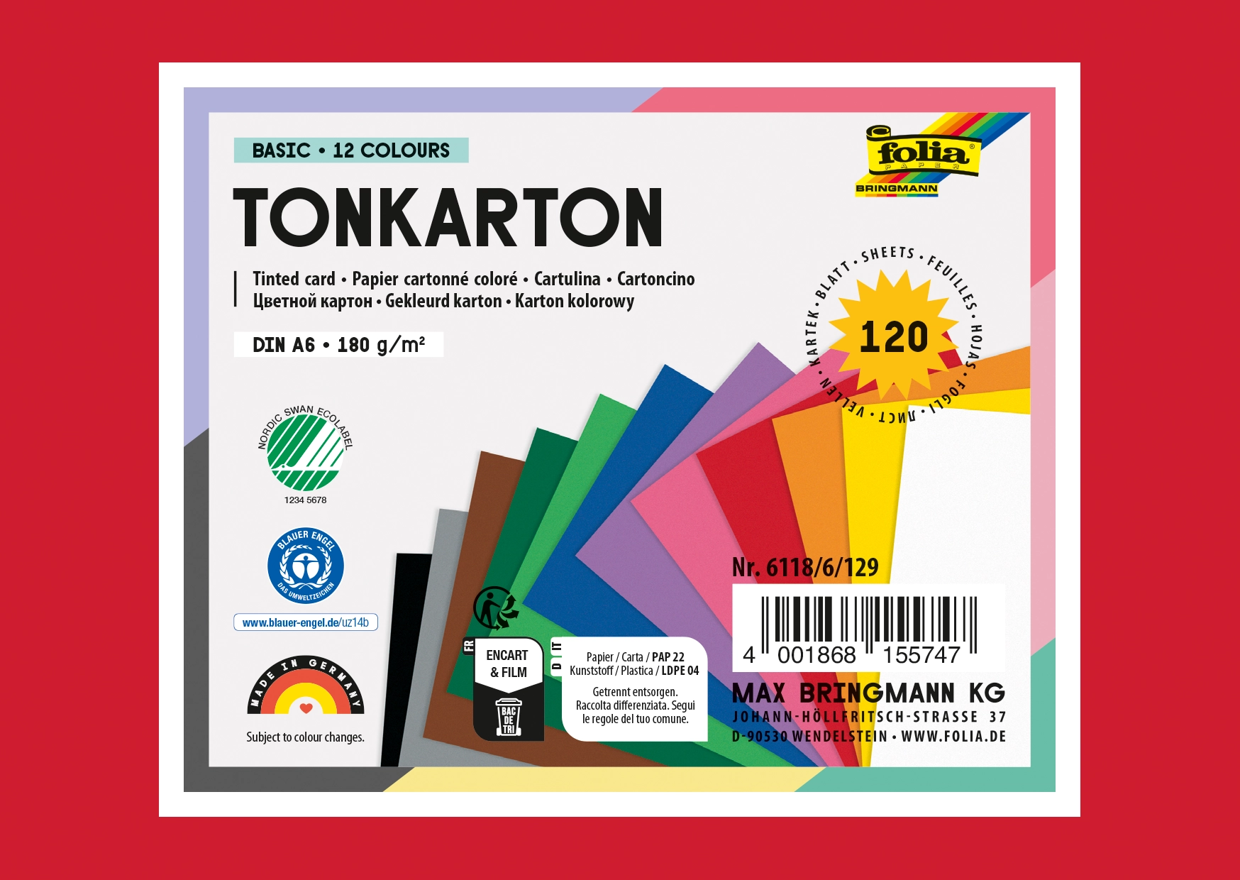 Tinted Card, 12 Colours Assorted, DIN A6, 180 g/m², 120 sheets