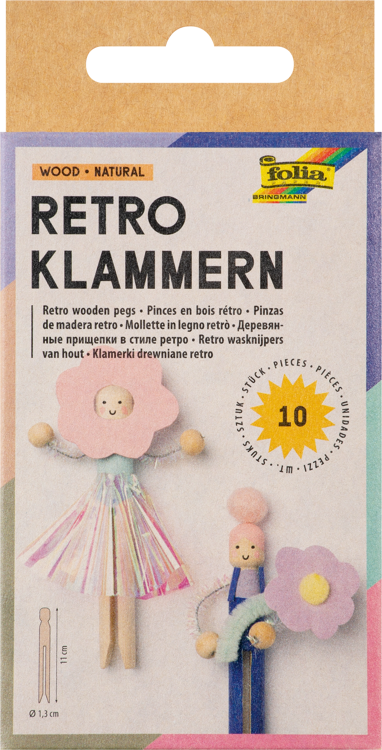 Retro Pegs, Wood, Natural, Ø 1,3 cm, 11 cm, 10 pieces