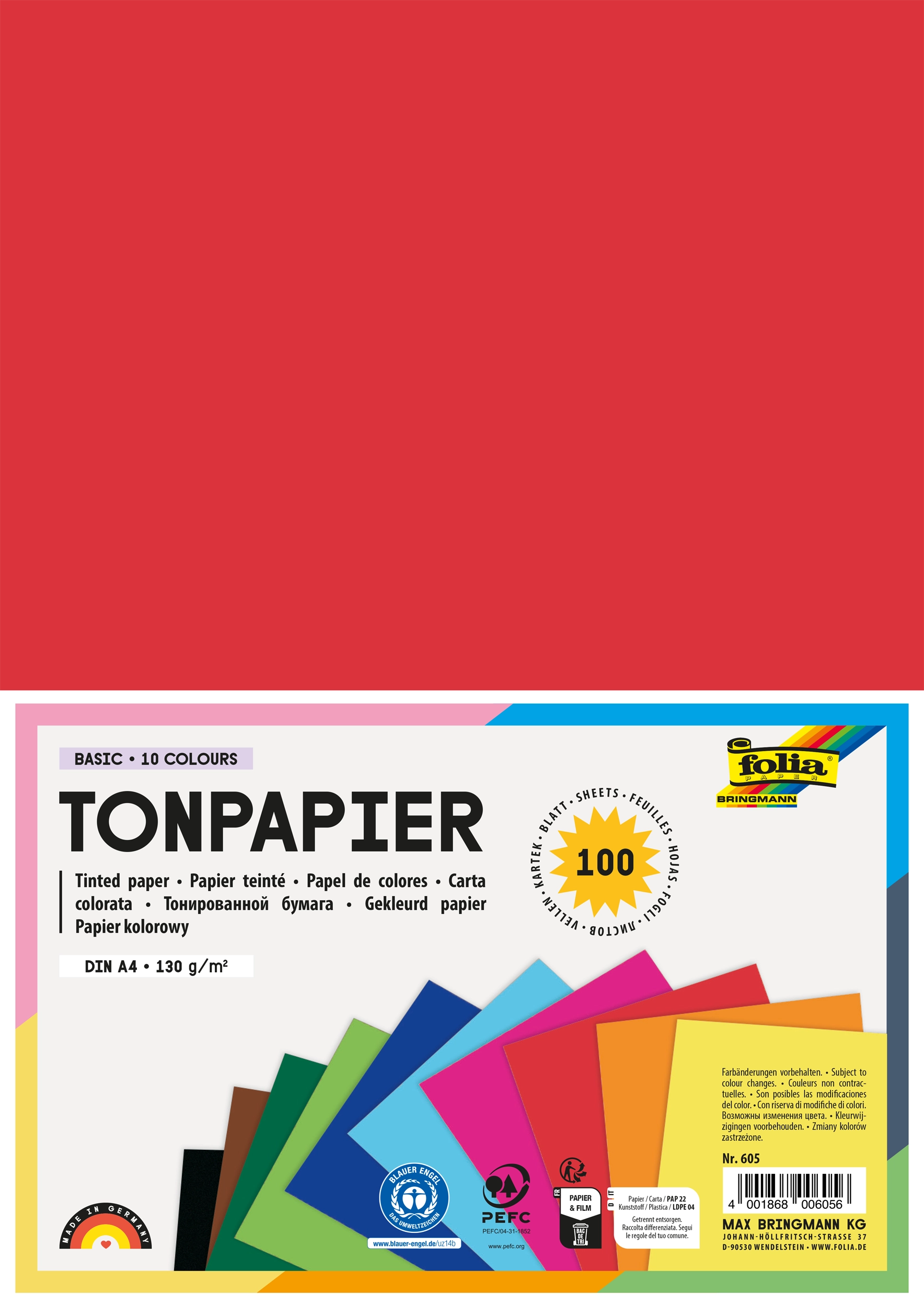 Tonpapier, Basic, 10 Farben, DIN A4, 130 g/m², 100 Blatt