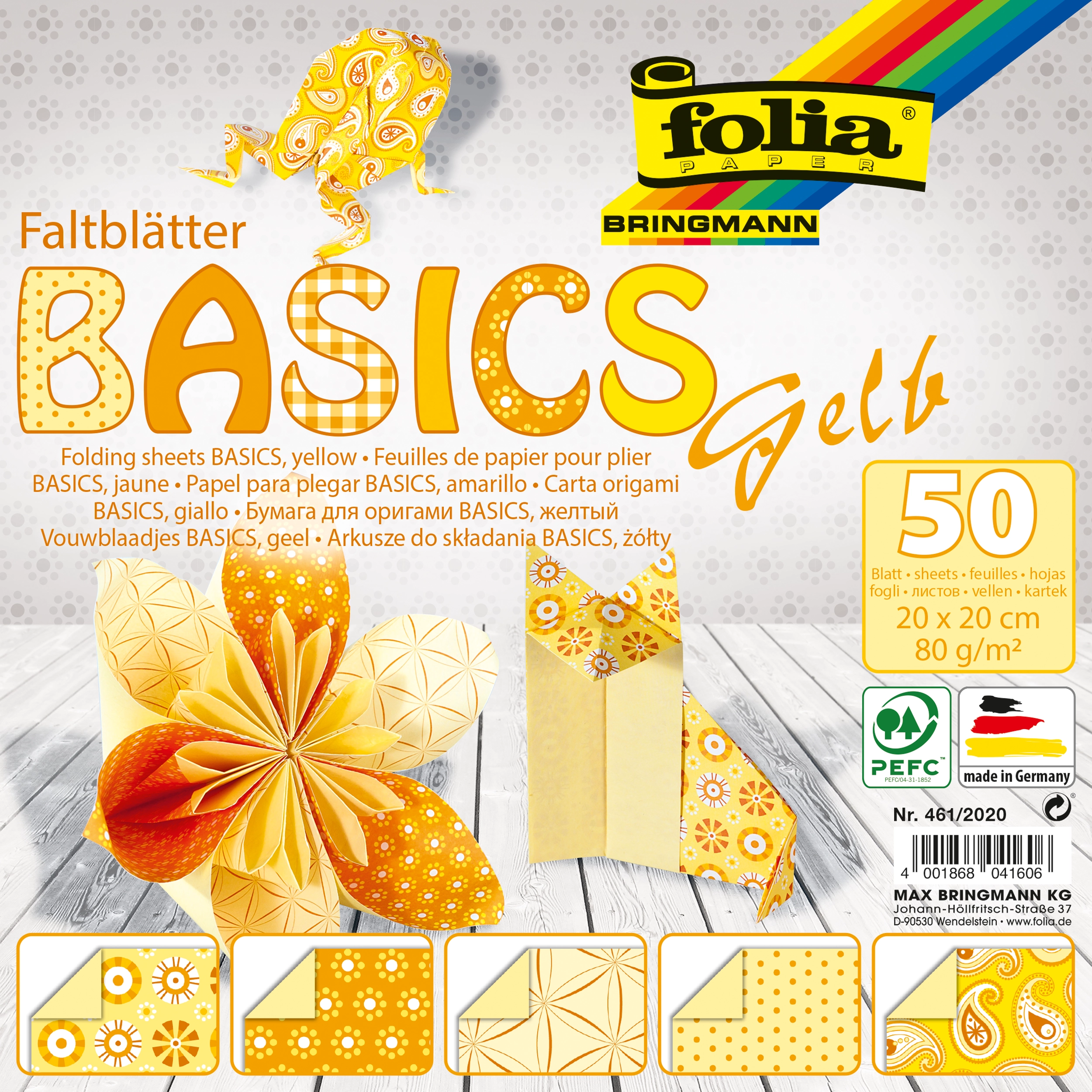 Origamipapier, Basics, Gelb, 20 x 20 cm, 80 g/m², 50 Blatt