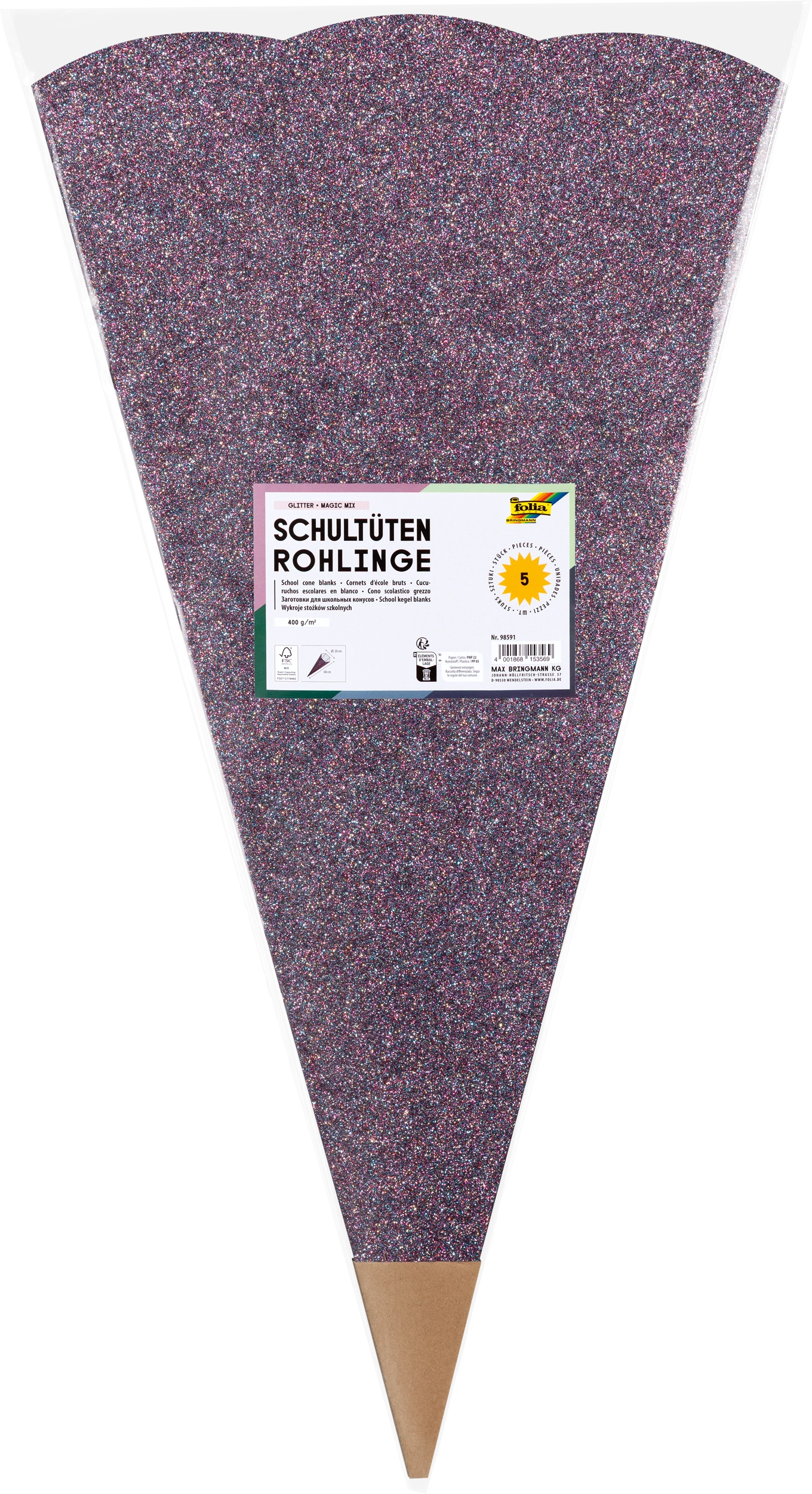 School Cone Blanks, Glitter, Magic Mix, 400 g/m², 5 pieces
