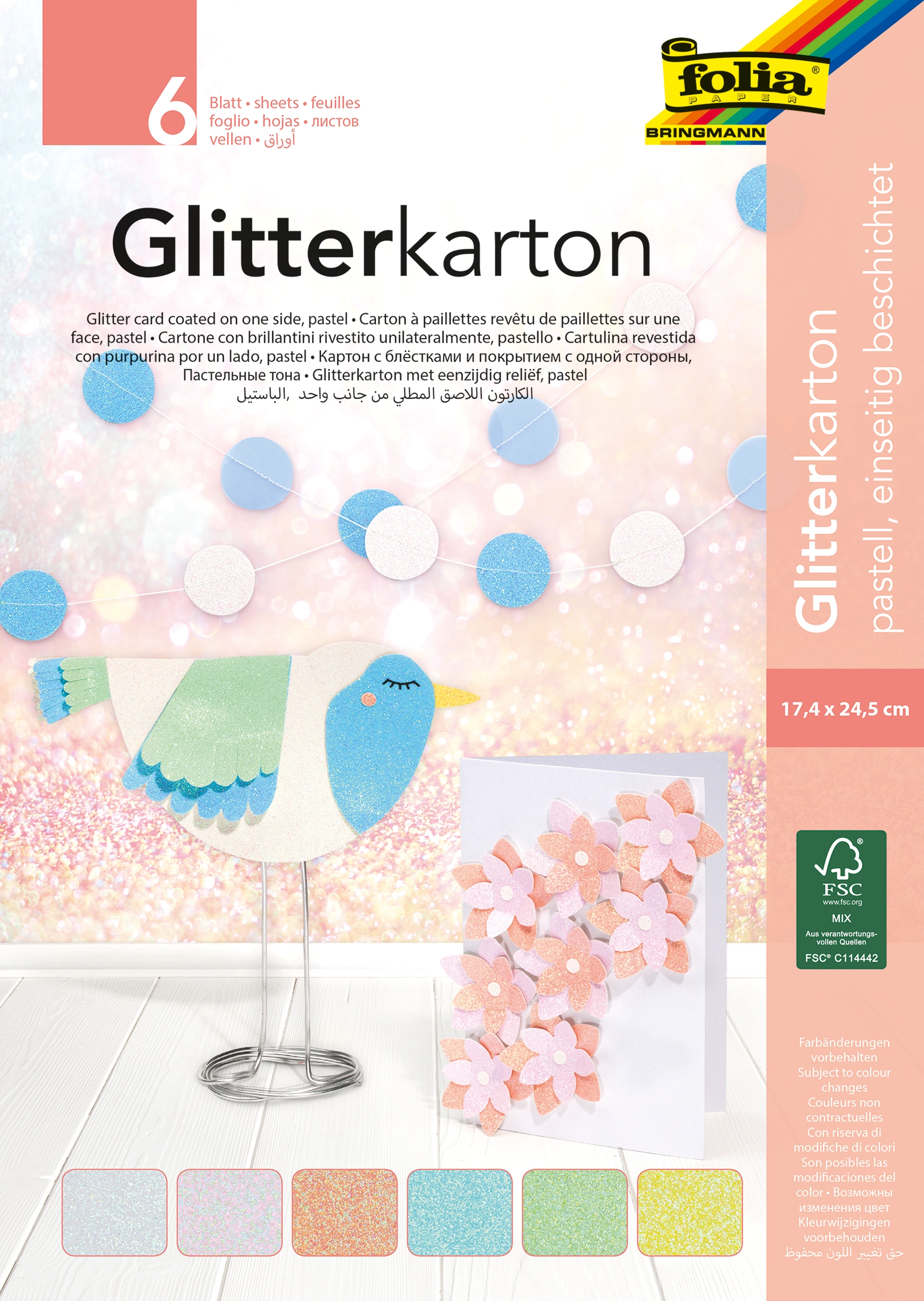Glitter Cardboard Pad, Pastel, 17,4 x 24,5 cm, 300 g/m², 6 sheets