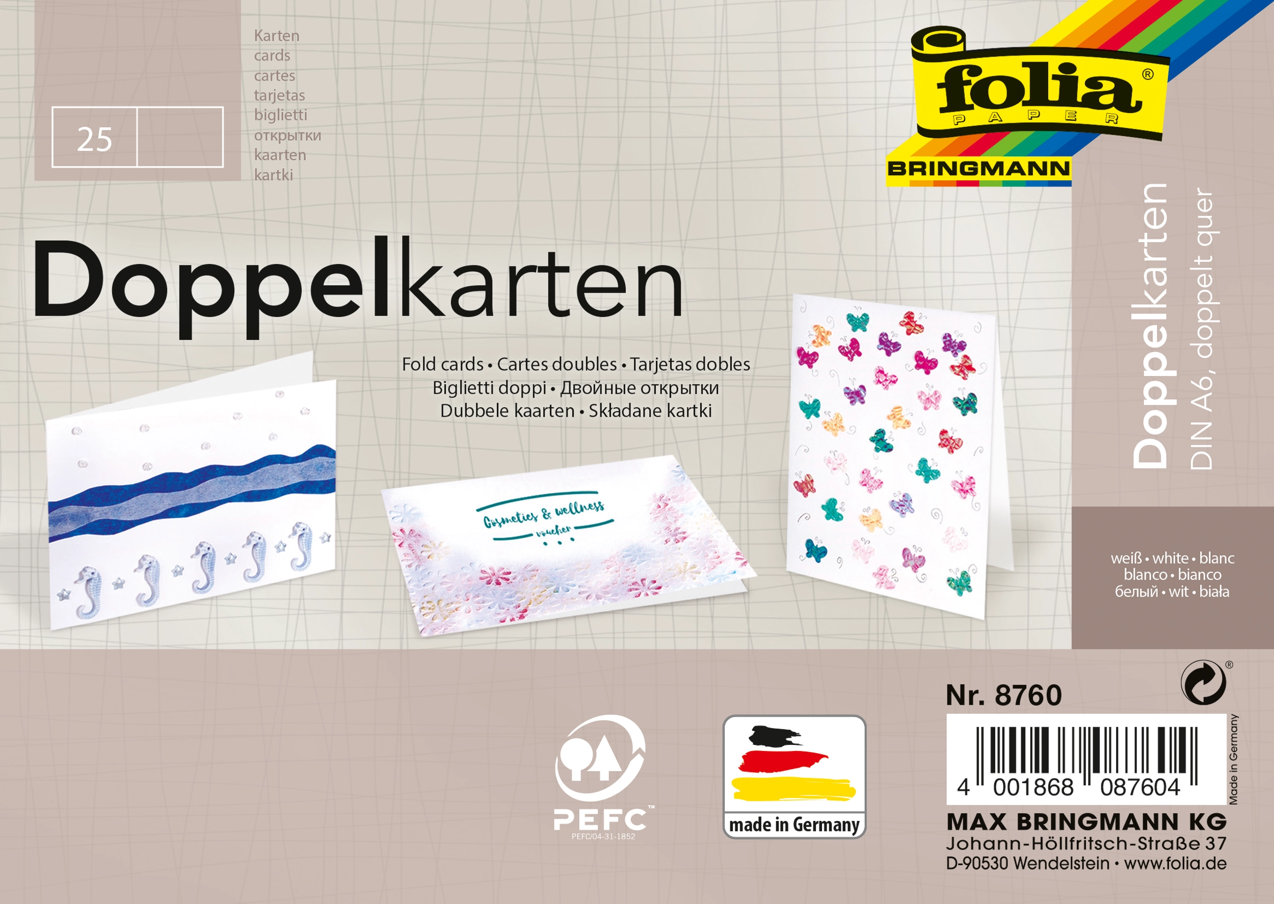 Klappkarten, Weiß, DIN A6, Querformat, 190 g/m², 25 Stück